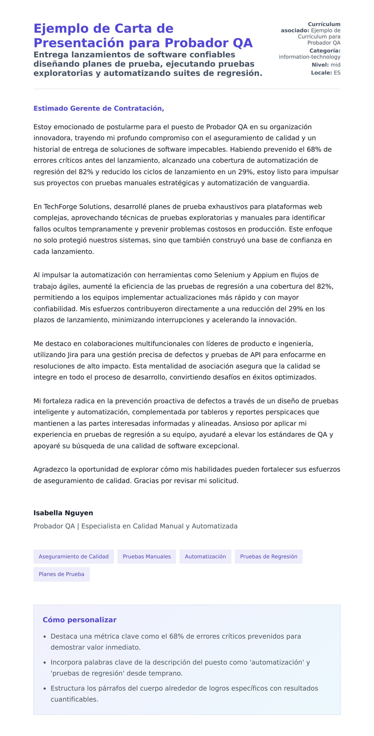 Vista previa de la carta para Ejemplo de Carta de Presentación para Probador QA