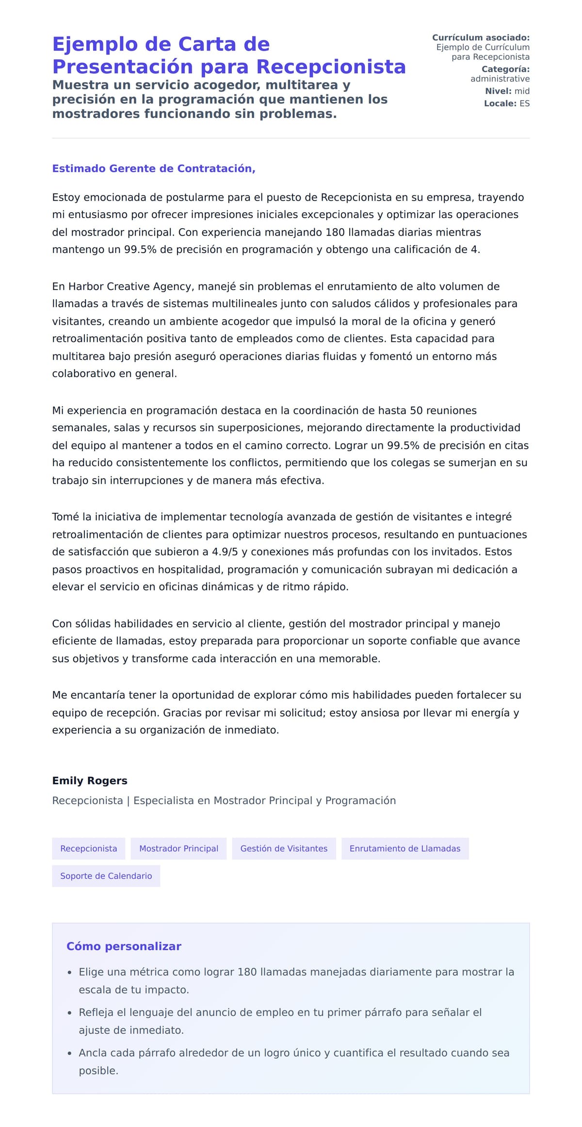 Vista previa de la carta para Ejemplo de Carta de Presentación para Recepcionista