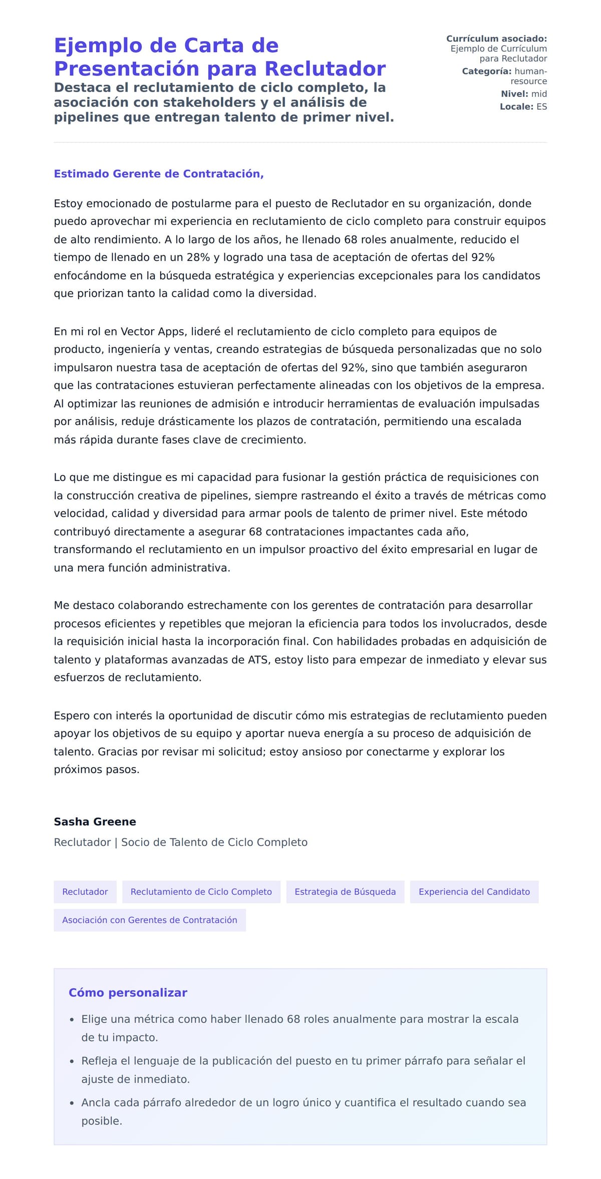 Vista previa de la carta para Ejemplo de Carta de Presentación para Reclutador