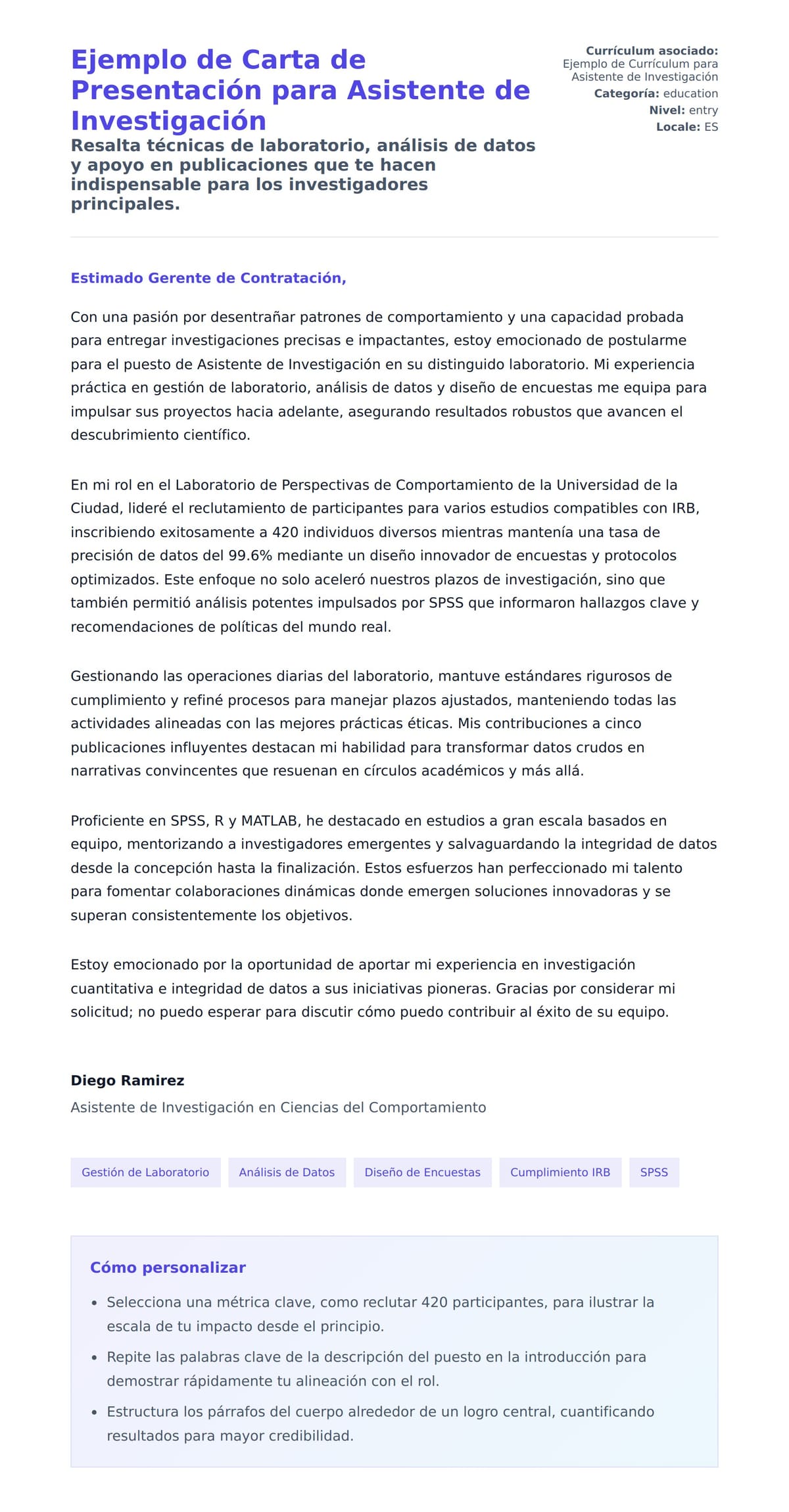 Vista previa de la carta para Ejemplo de Carta de Presentación para Asistente de Investigación