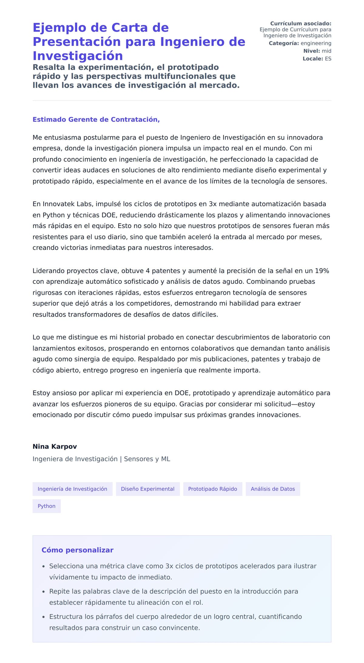 Vista previa de la carta para Ejemplo de Carta de Presentación para Ingeniero de Investigación