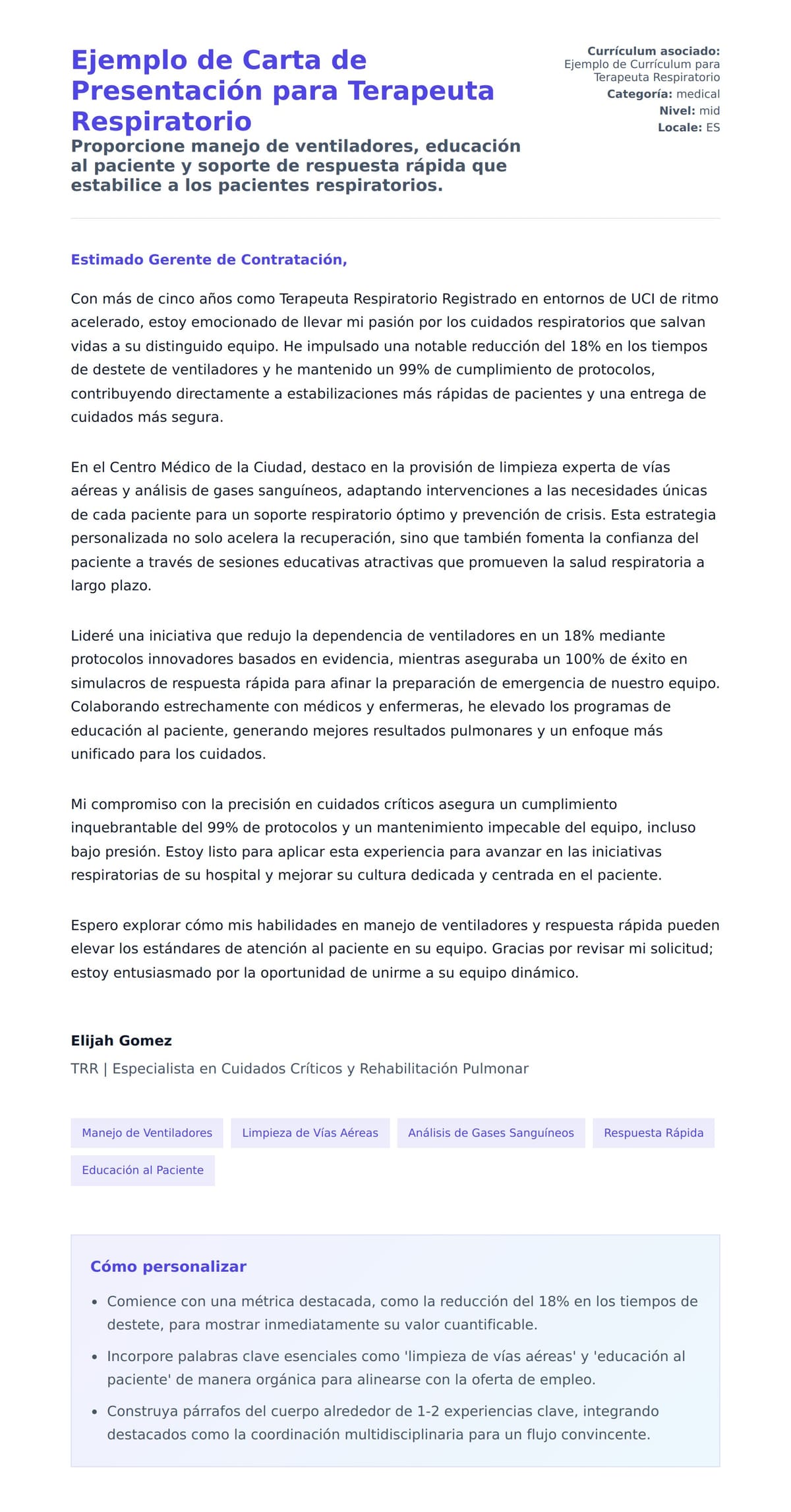Vista previa de la carta para Ejemplo de Carta de Presentación para Terapeuta Respiratorio