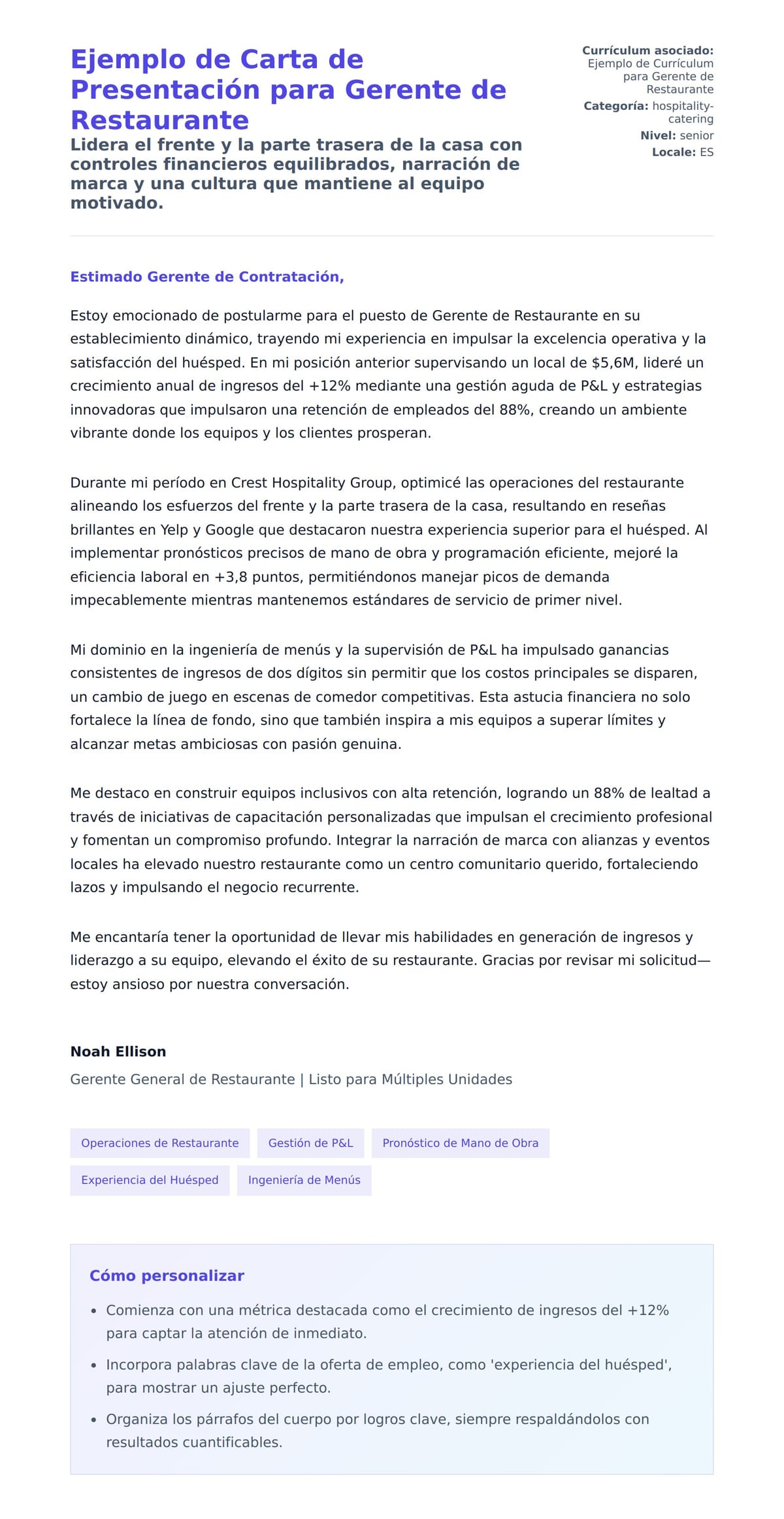 Vista previa de la carta para Ejemplo de Carta de Presentación para Gerente de Restaurante