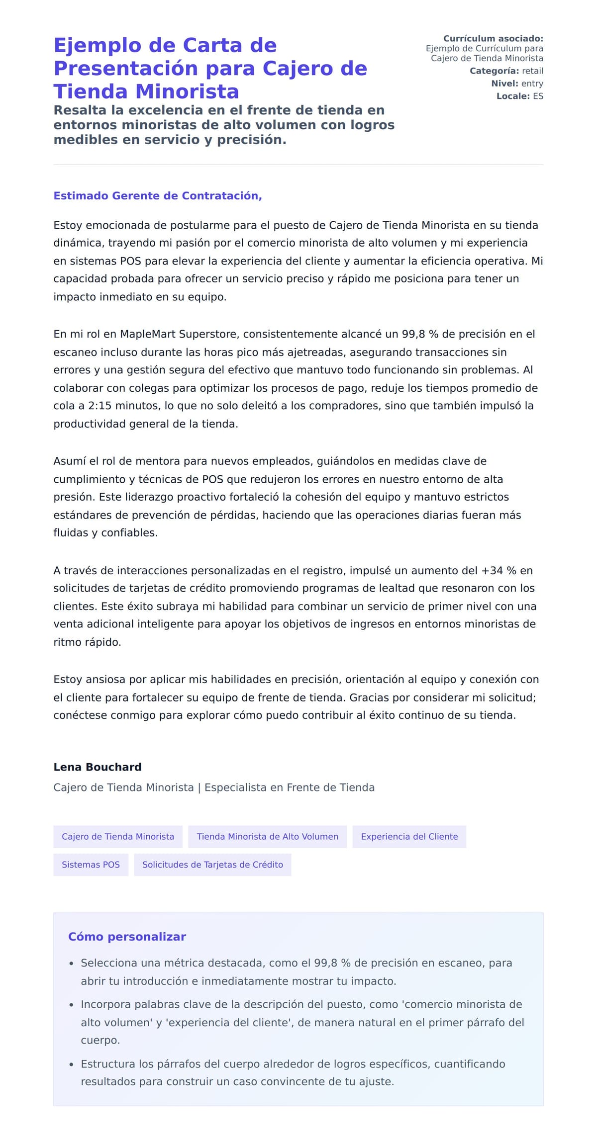 Vista previa de la carta para Ejemplo de Carta de Presentación para Cajero de Tienda Minorista