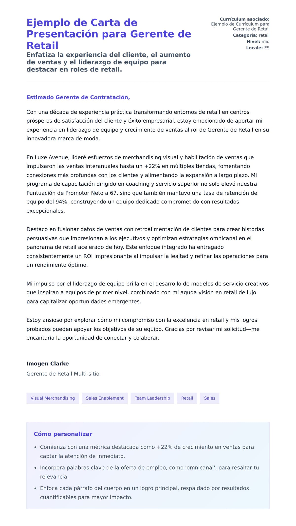 Vista previa de la carta para Ejemplo de Carta de Presentación para Gerente de Retail