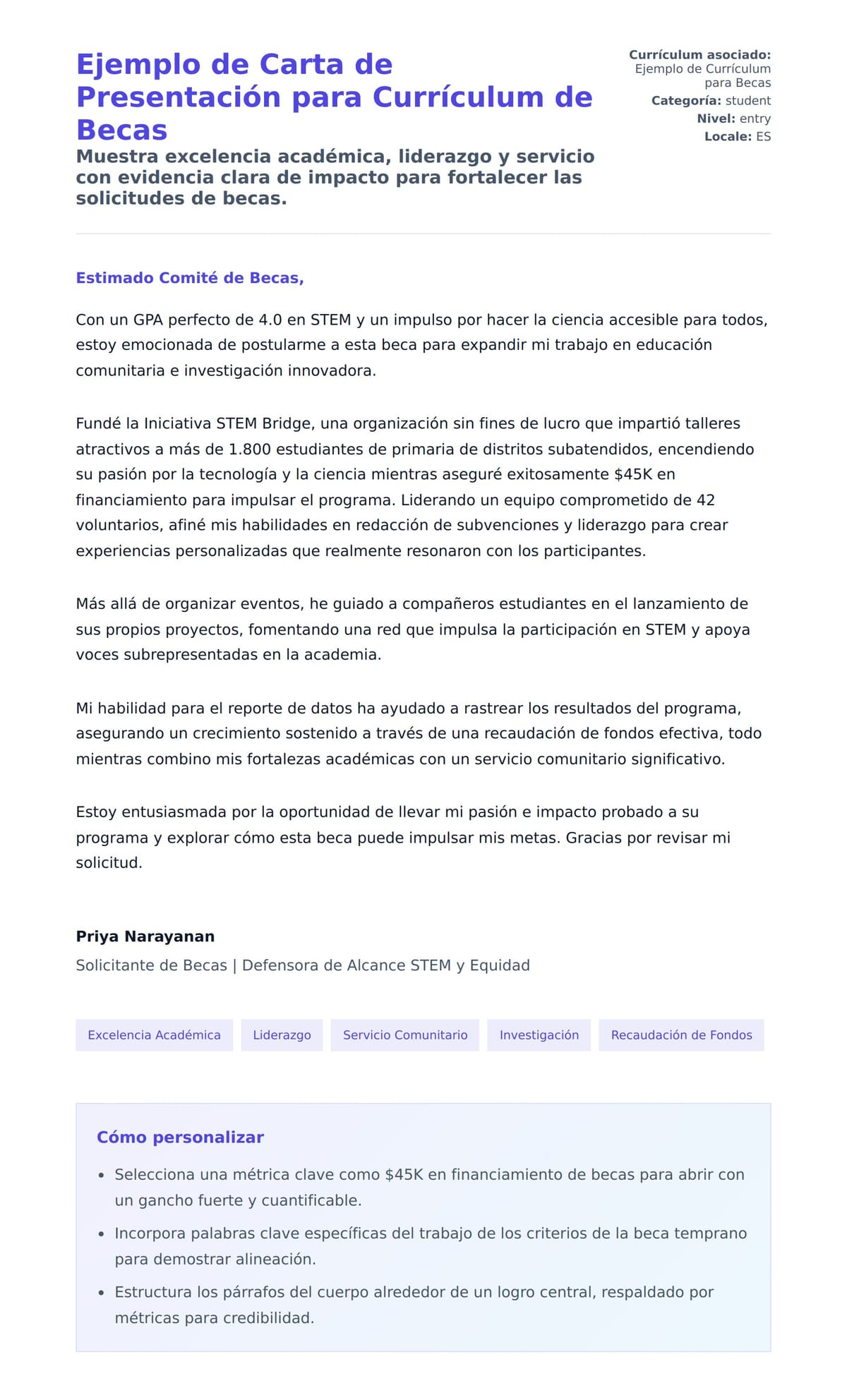 Vista previa de la carta para Ejemplo de Carta de Presentación para Currículum de Becas