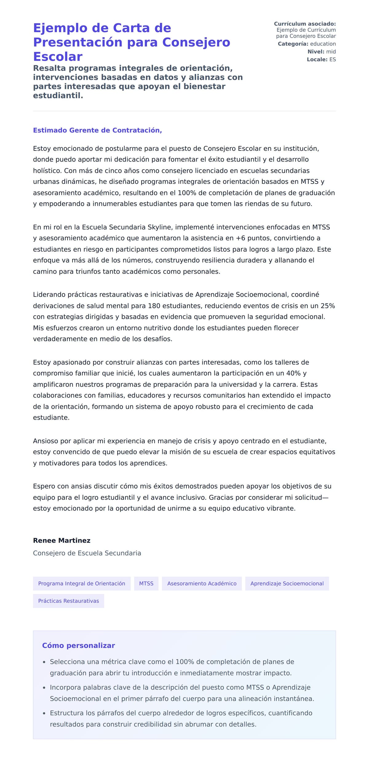 Vista previa de la carta para Ejemplo de Carta de Presentación para Consejero Escolar
