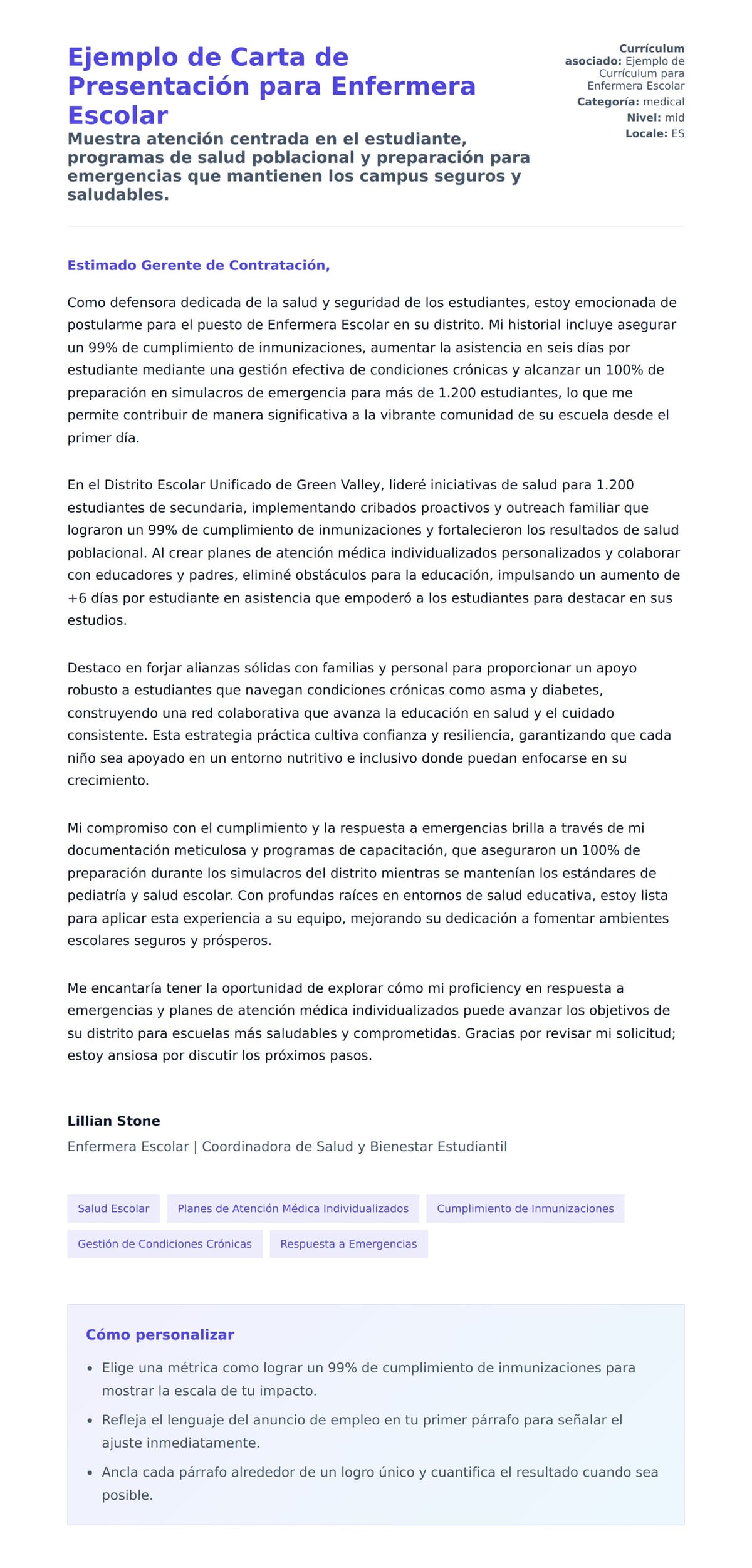 Vista previa de la carta para Ejemplo de Carta de Presentación para Enfermera Escolar