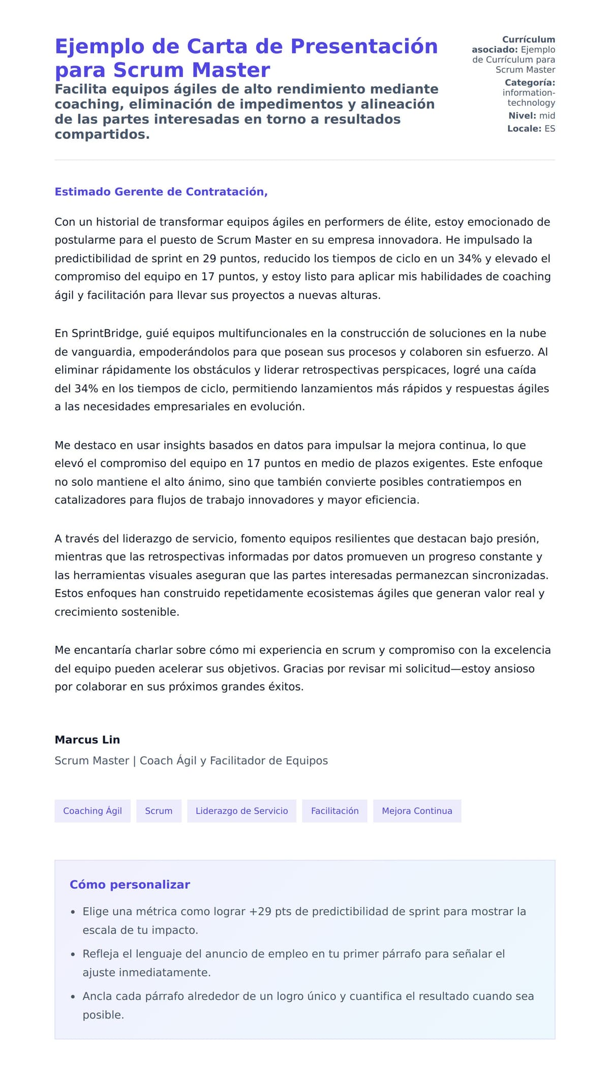 Vista previa de la carta para Ejemplo de Carta de Presentación para Scrum Master