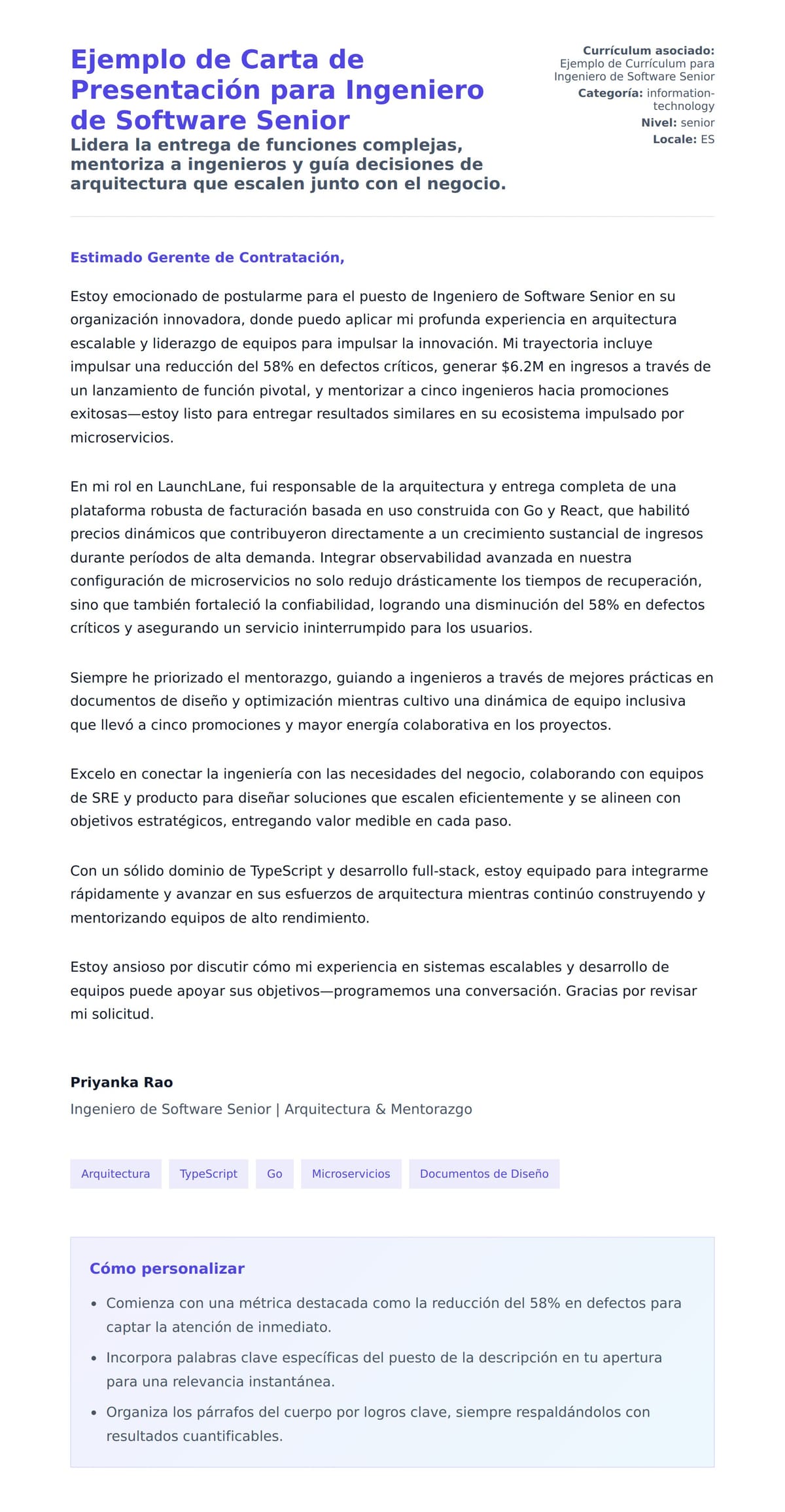 Vista previa de la carta para Ejemplo de Carta de Presentación para Ingeniero de Software Senior