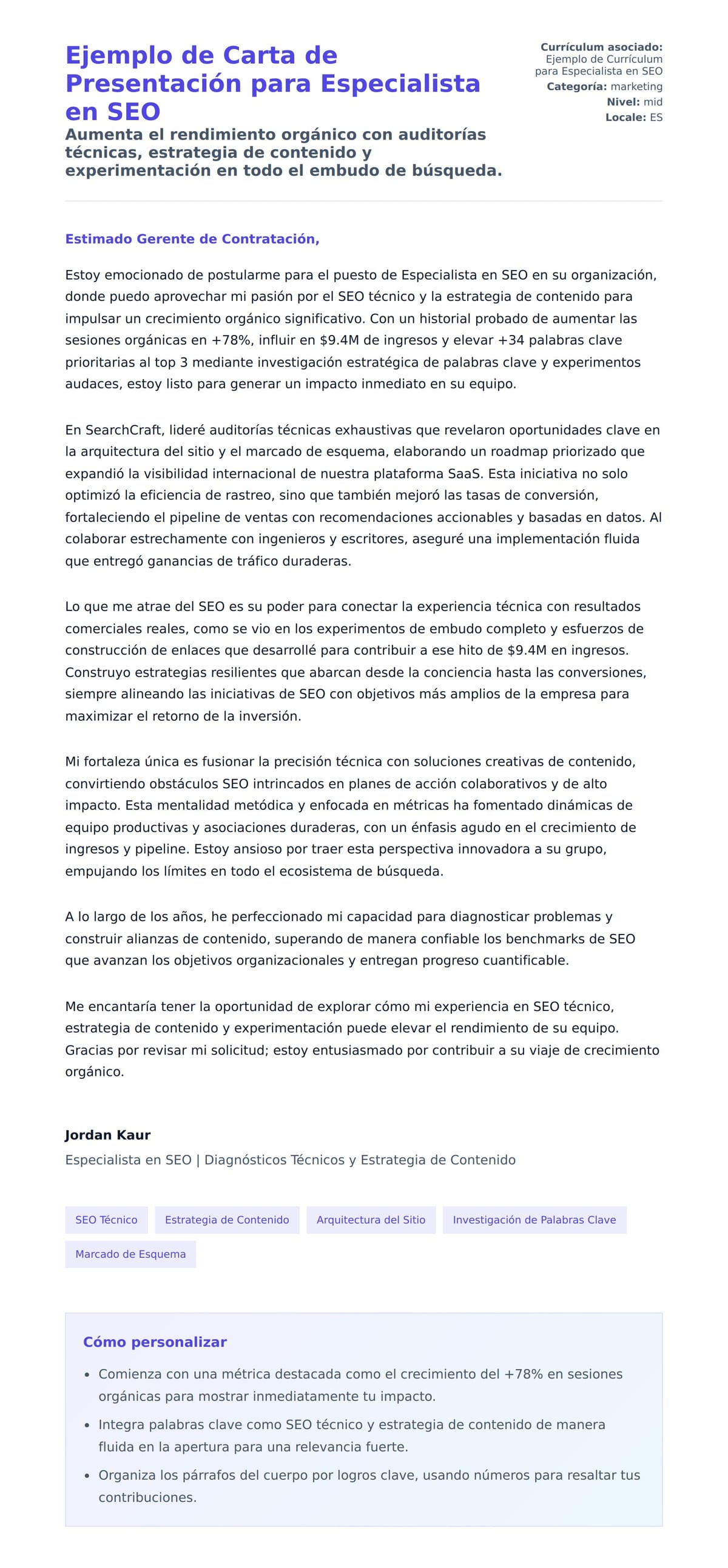 Vista previa de la carta para Ejemplo de Carta de Presentación para Especialista en SEO