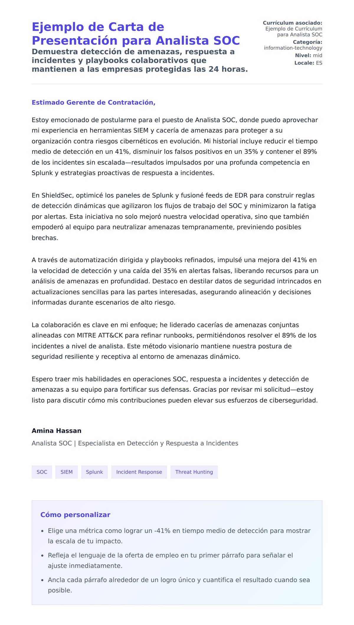 Vista previa de la carta para Ejemplo de Carta de Presentación para Analista SOC