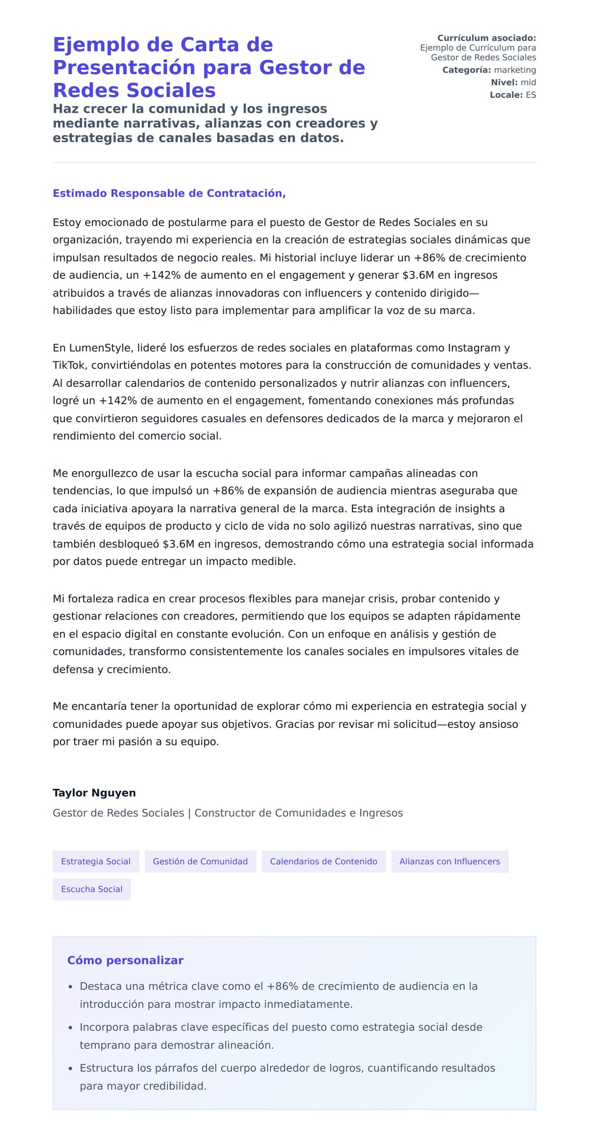 Vista previa de la carta para Ejemplo de Carta de Presentación para Gestor de Redes Sociales