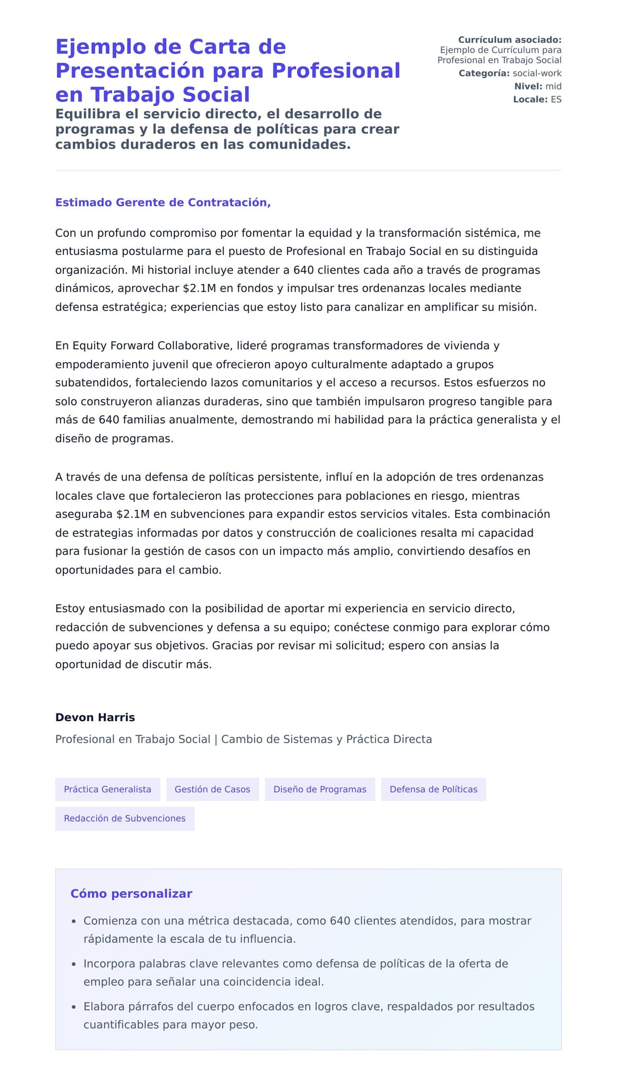 Vista previa de la carta para Ejemplo de Carta de Presentación para Profesional en Trabajo Social