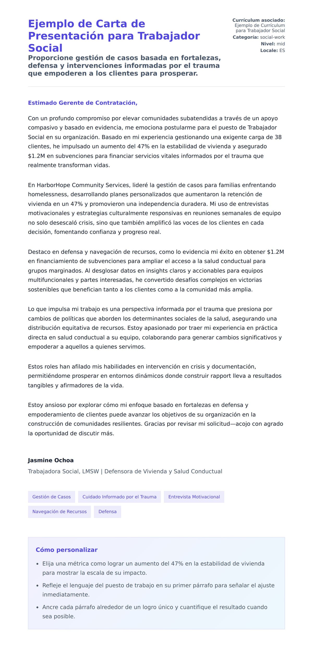 Vista previa de la carta para Ejemplo de Carta de Presentación para Trabajador Social