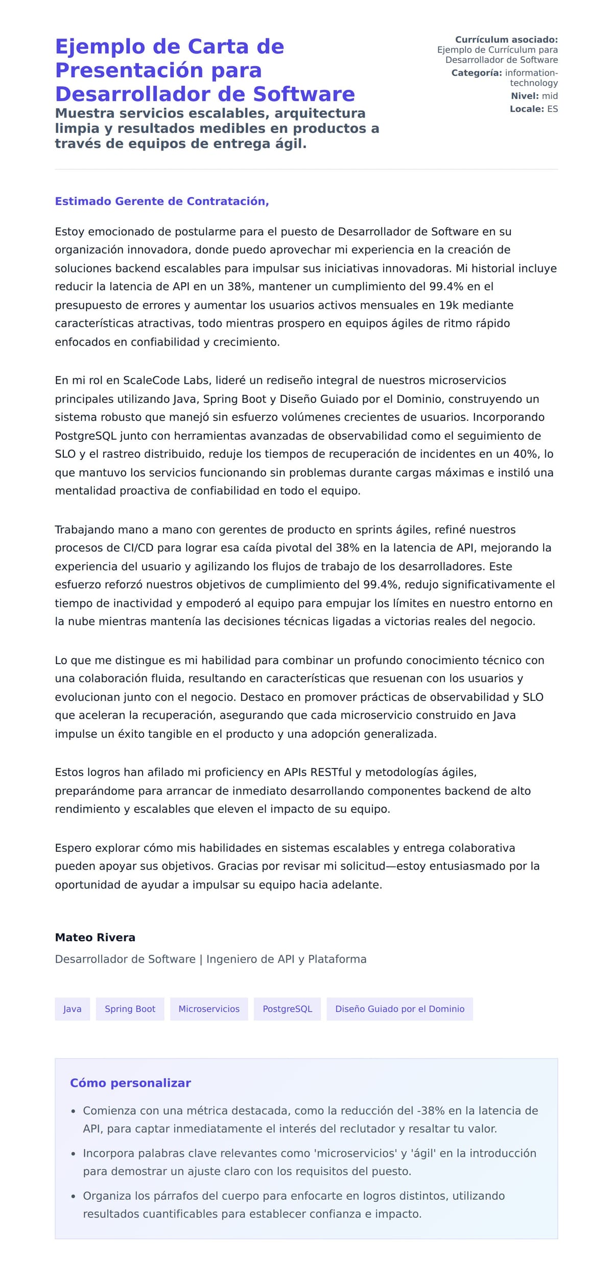 Vista previa de la carta para Ejemplo de Carta de Presentación para Desarrollador de Software