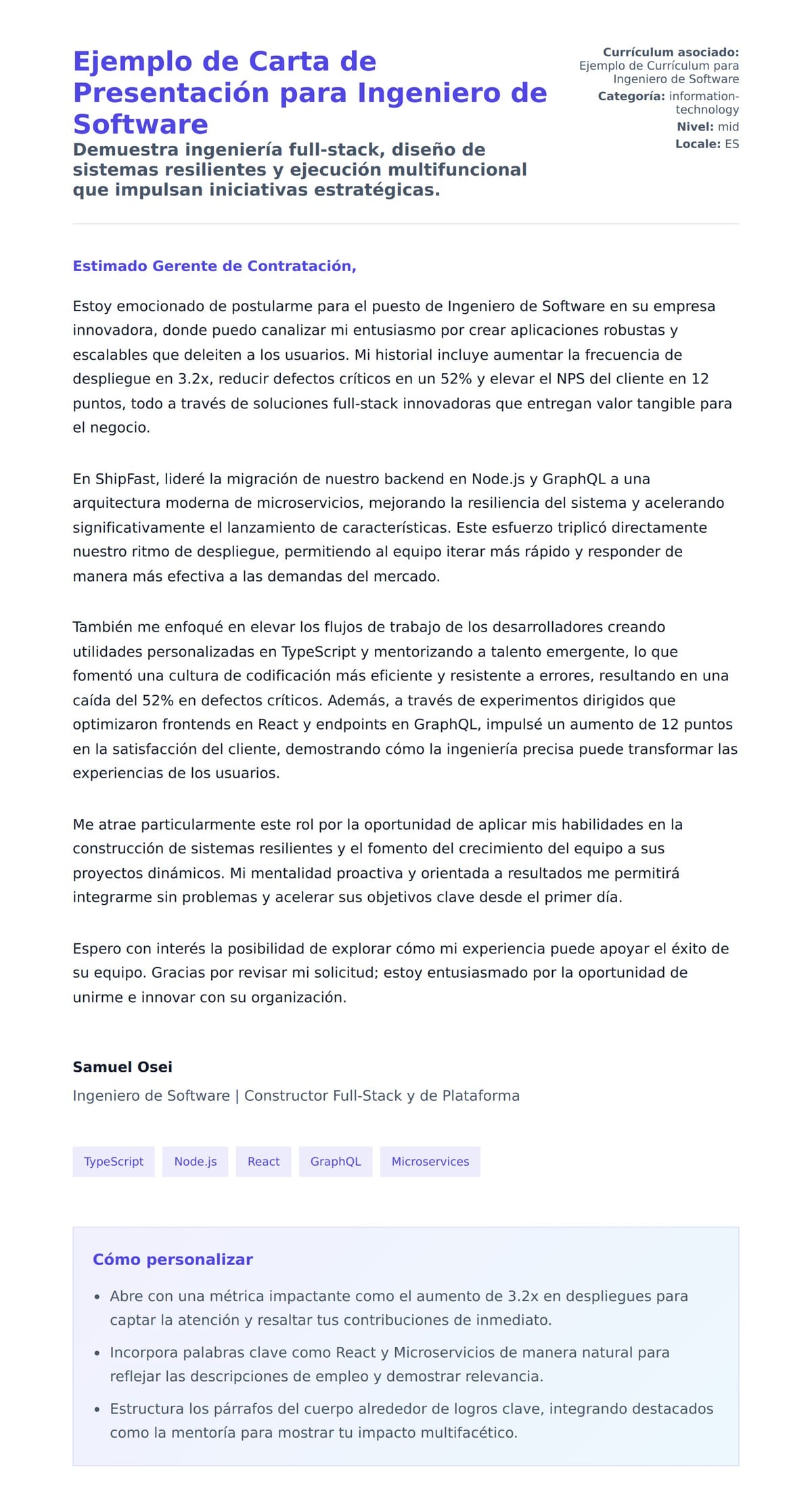 Vista previa de la carta para Ejemplo de Carta de Presentación para Ingeniero de Software