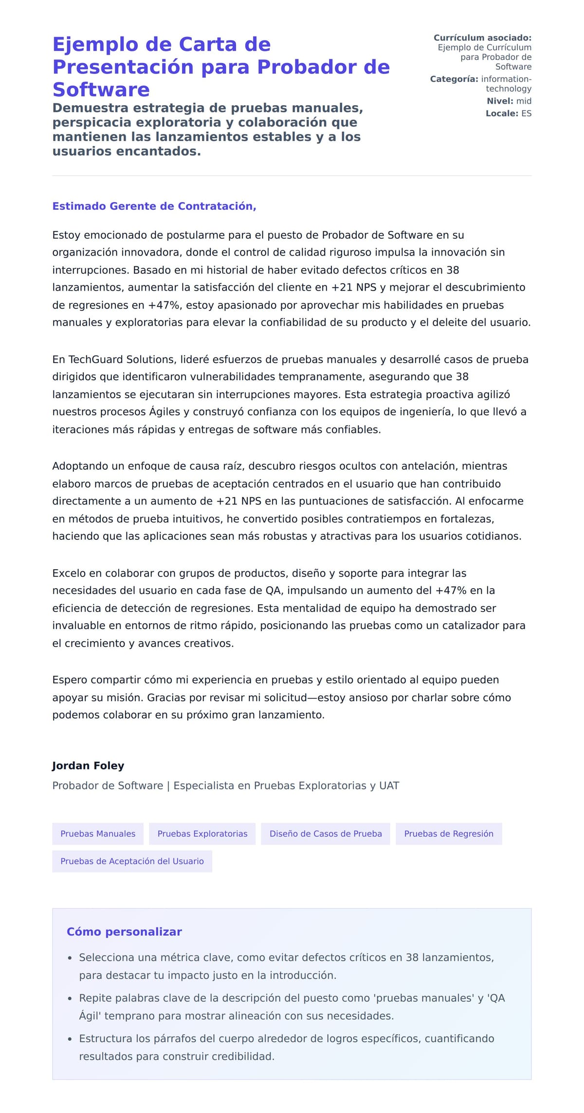 Vista previa de la carta para Ejemplo de Carta de Presentación para Probador de Software