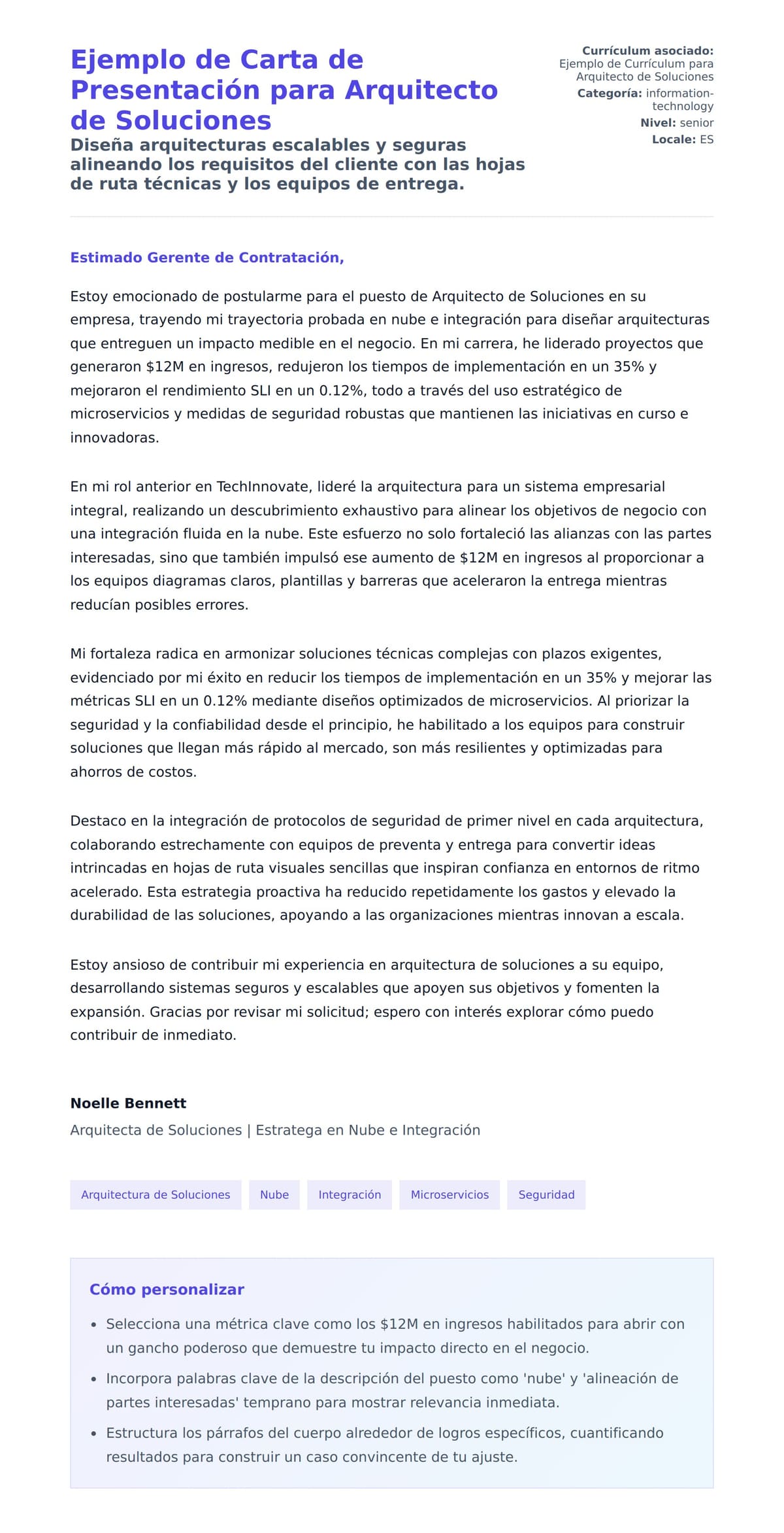Vista previa de la carta para Ejemplo de Carta de Presentación para Arquitecto de Soluciones