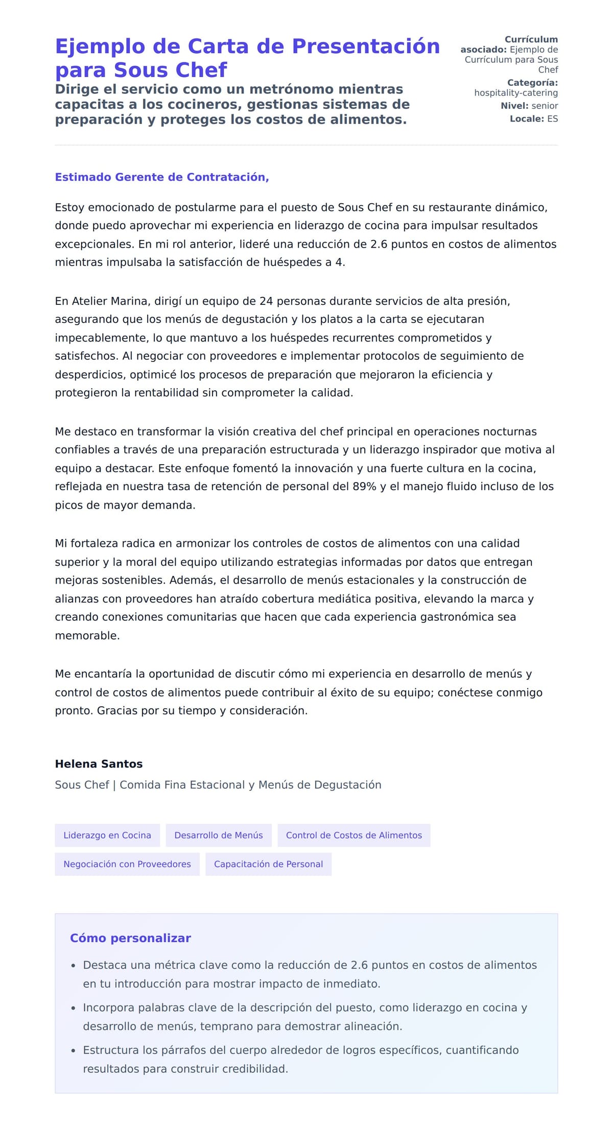 Vista previa de la carta para Ejemplo de Carta de Presentación para Sous Chef