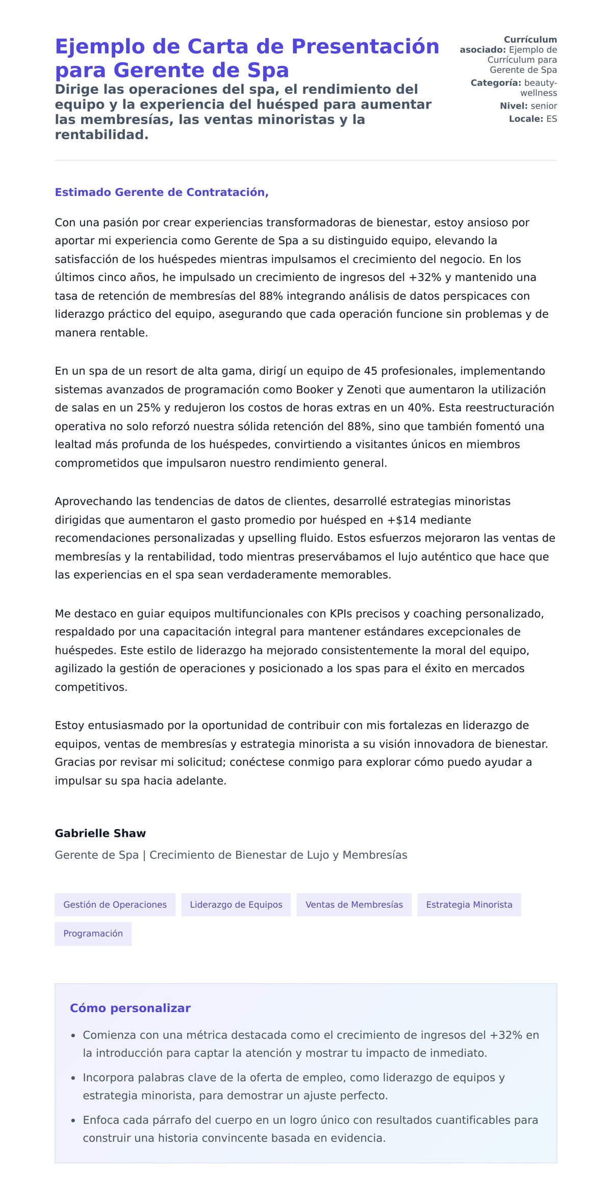Vista previa de la carta para Ejemplo de Carta de Presentación para Gerente de Spa