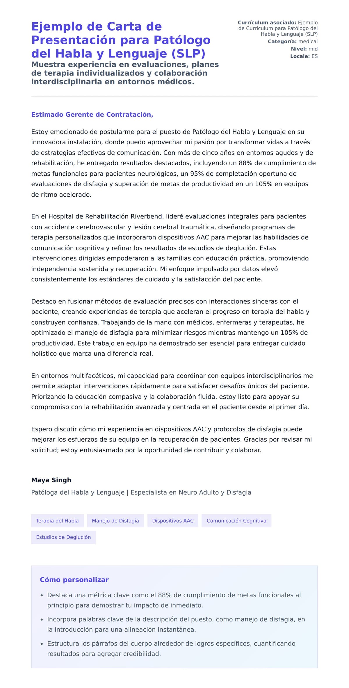 Vista previa de la carta para Ejemplo de Carta de Presentación para Patólogo del Habla y Lenguaje (SLP)