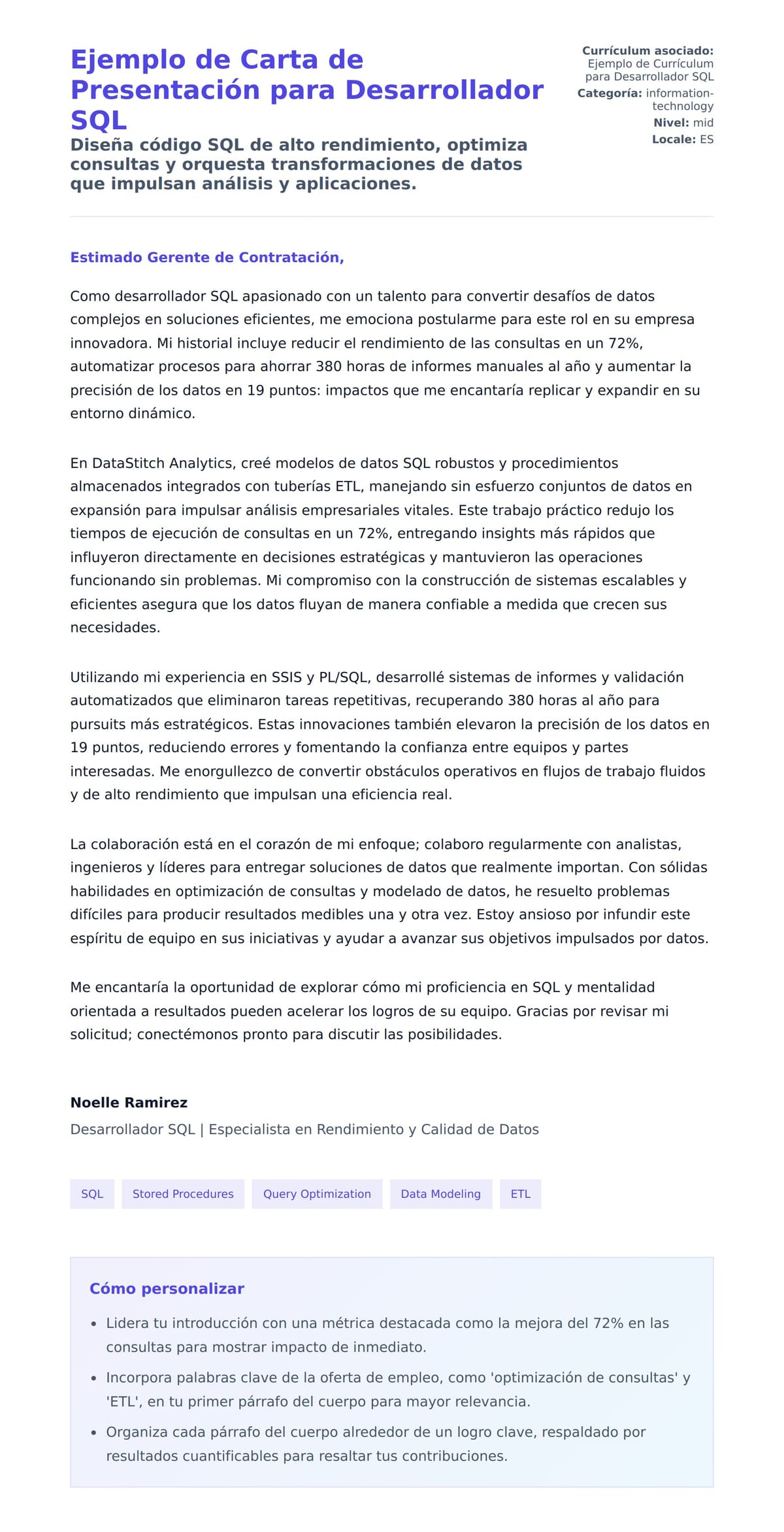Vista previa de la carta para Ejemplo de Carta de Presentación para Desarrollador SQL