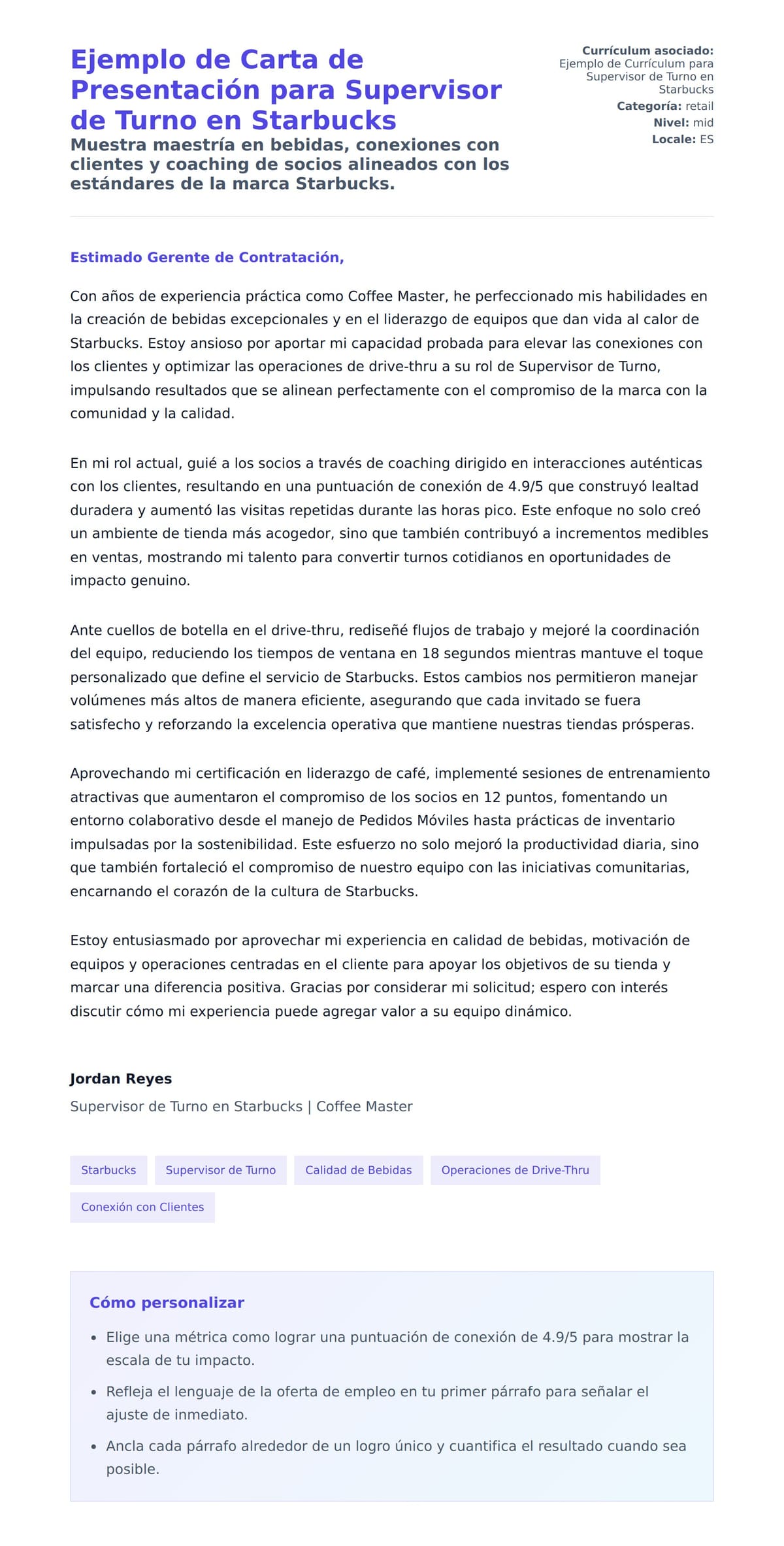 Vista previa de la carta para Ejemplo de Carta de Presentación para Supervisor de Turno en Starbucks