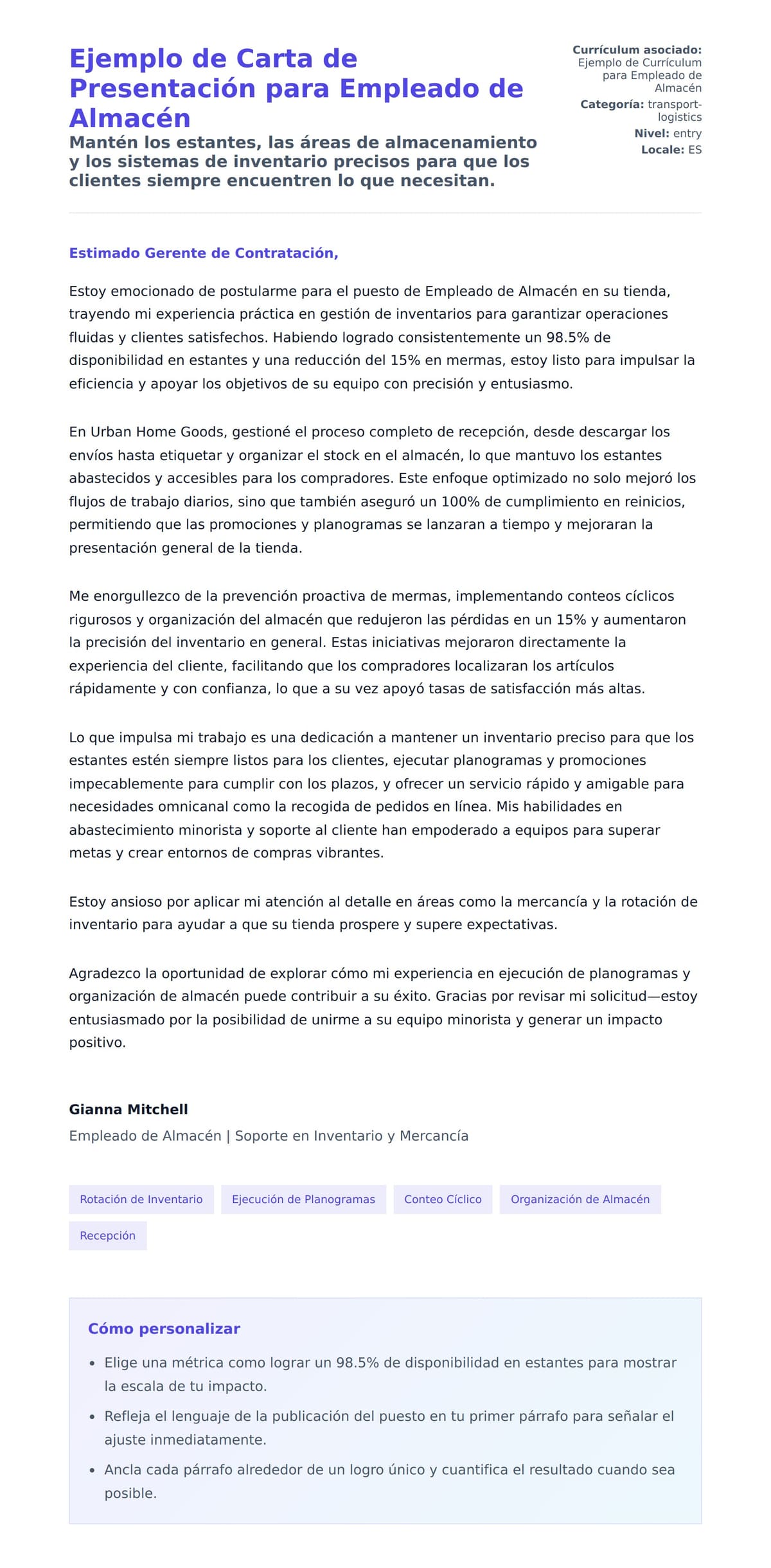 Vista previa de la carta para Ejemplo de Carta de Presentación para Empleado de Almacén