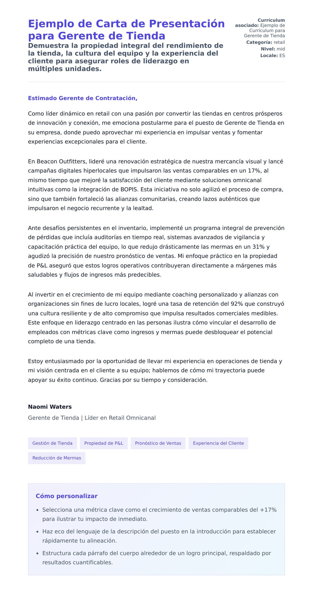 Vista previa de la carta para Ejemplo de Carta de Presentación para Gerente de Tienda