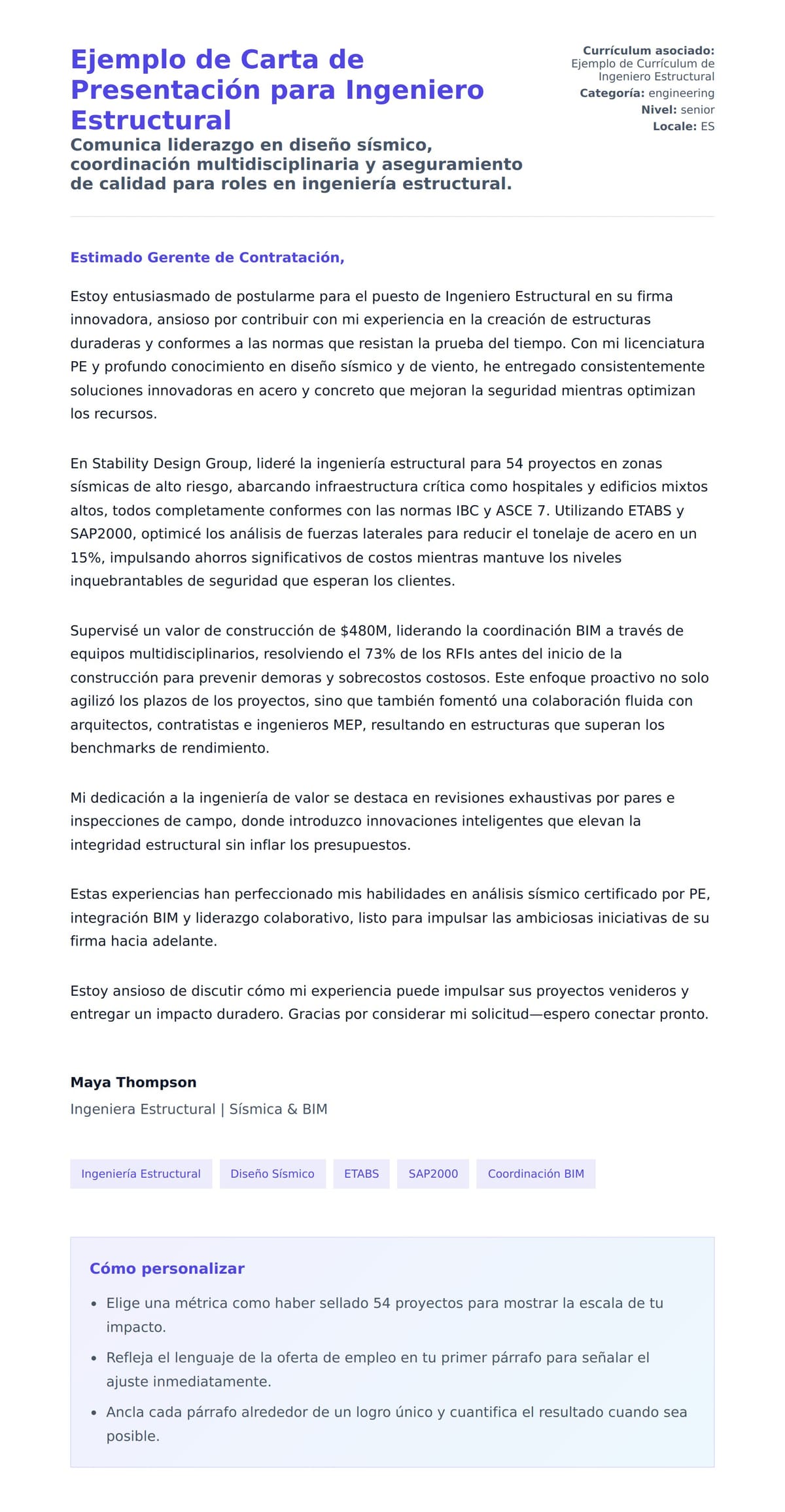 Vista previa de la carta para Ejemplo de Carta de Presentación para Ingeniero Estructural