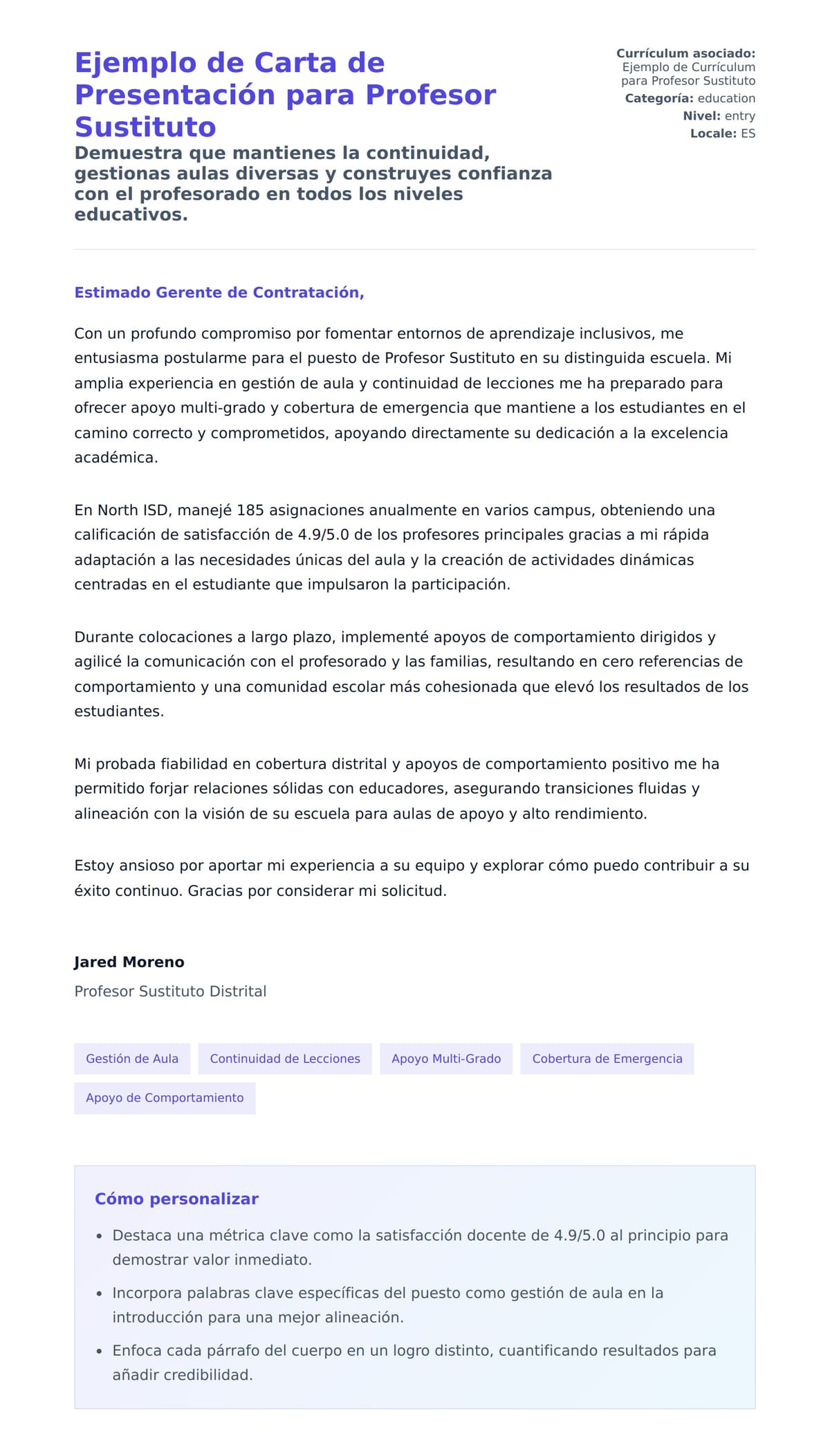 Vista previa de la carta para Ejemplo de Carta de Presentación para Profesor Sustituto