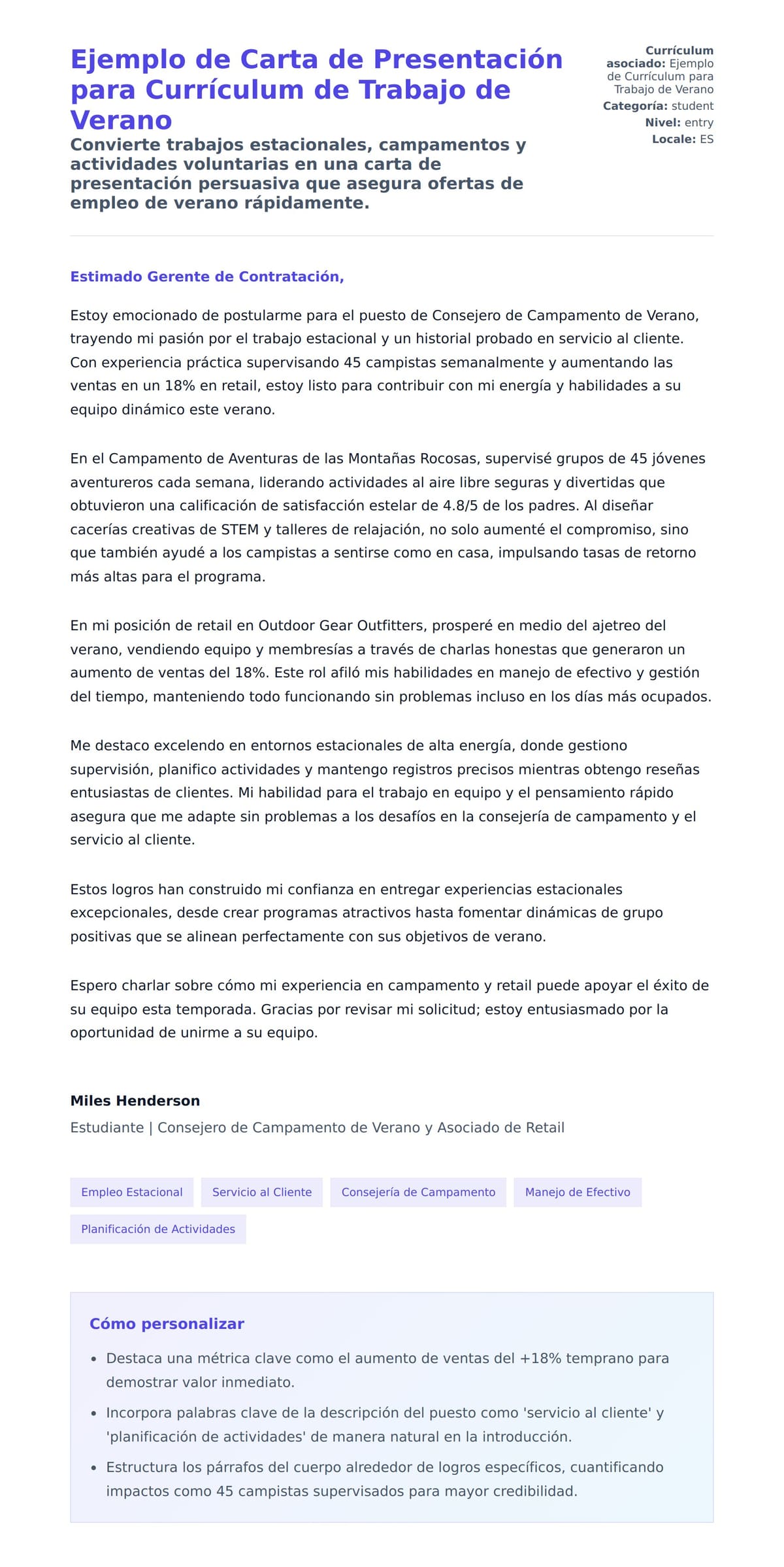 Vista previa de la carta para Ejemplo de Carta de Presentación para Currículum de Trabajo de Verano