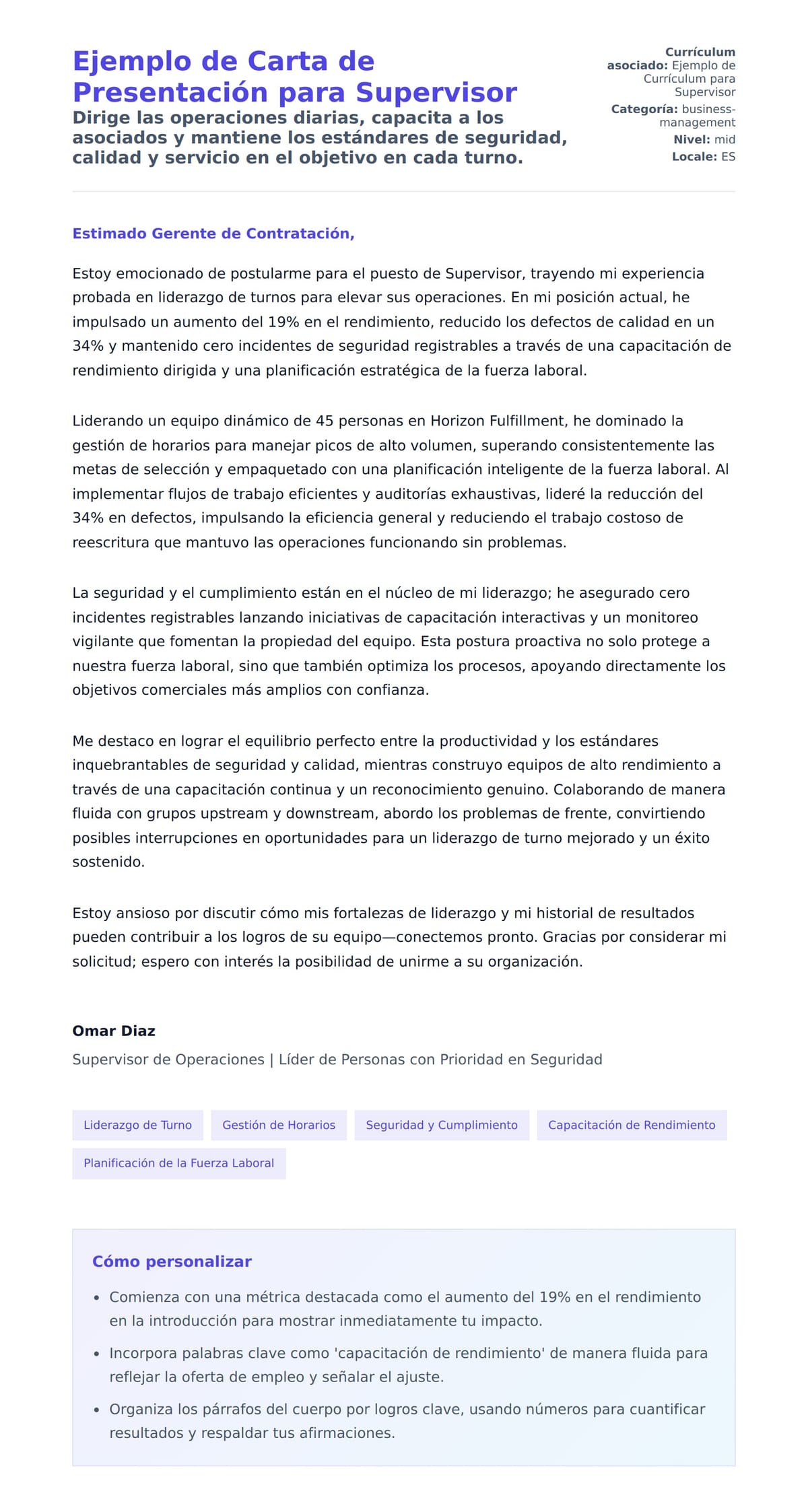Vista previa de la carta para Ejemplo de Carta de Presentación para Supervisor