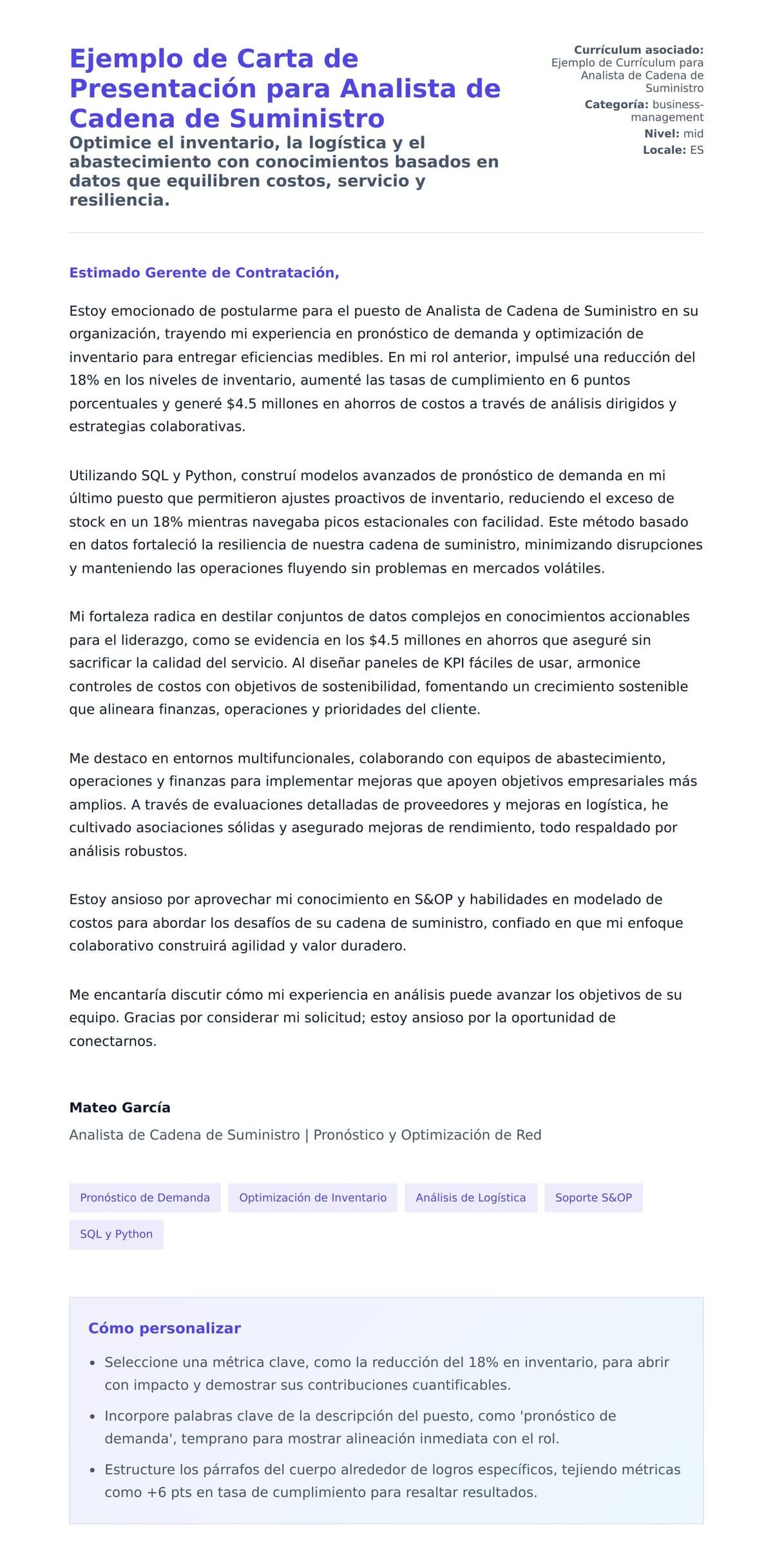 Vista previa de la carta para Ejemplo de Carta de Presentación para Analista de Cadena de Suministro