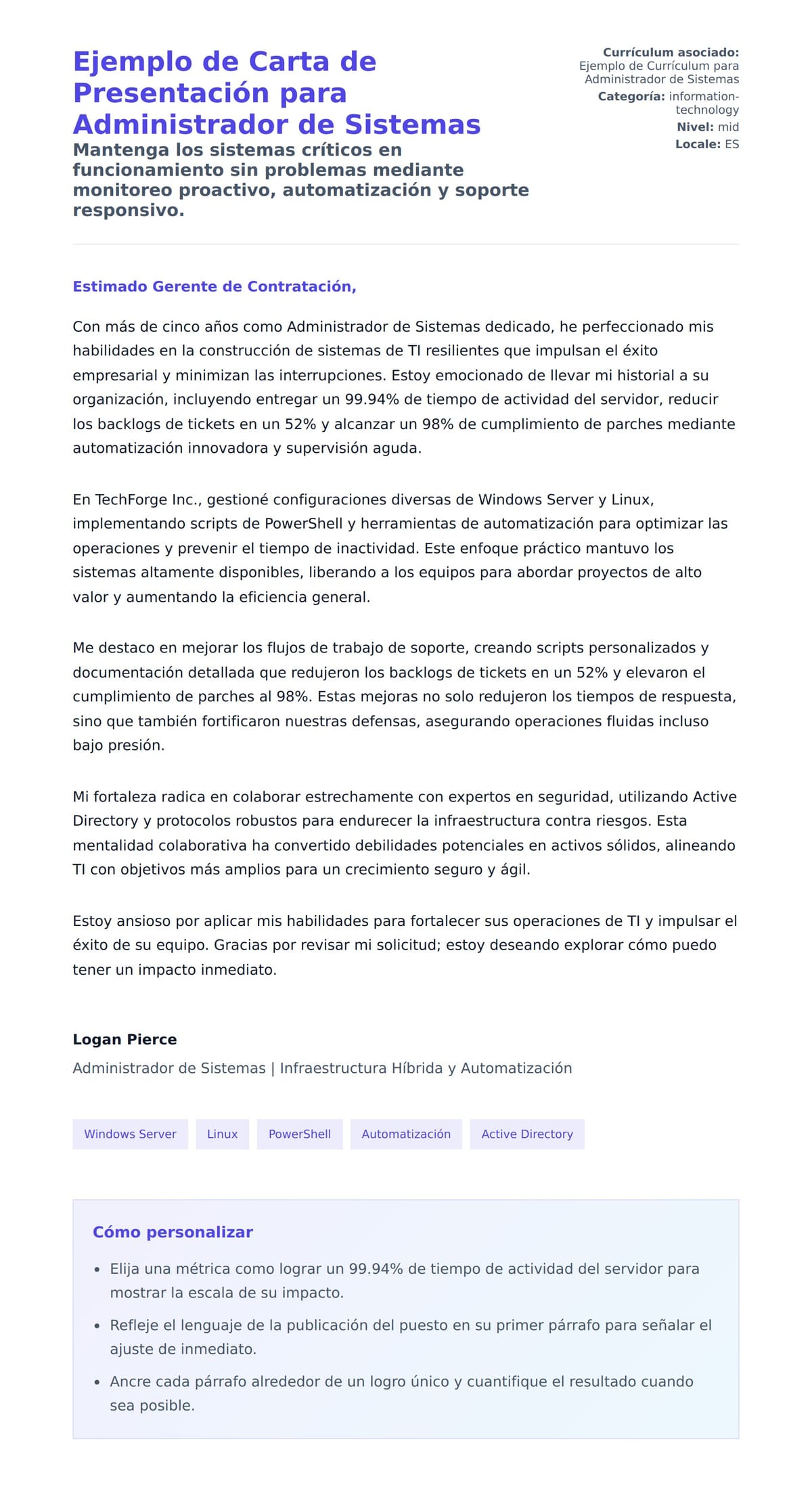 Vista previa de la carta para Ejemplo de Carta de Presentación para Administrador de Sistemas