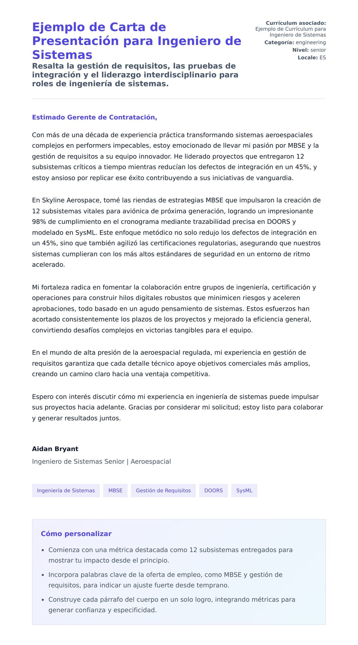 Vista previa de la carta para Ejemplo de Carta de Presentación para Ingeniero de Sistemas