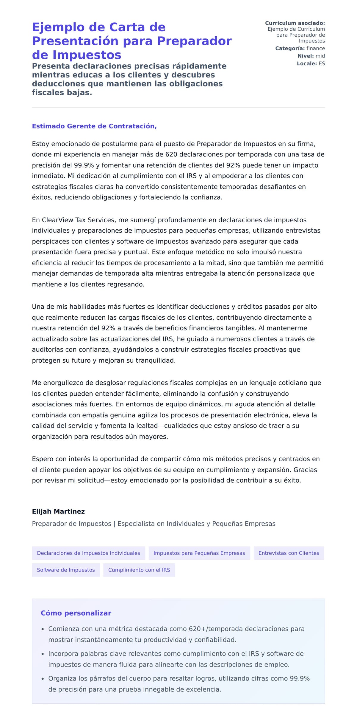 Vista previa de la carta para Ejemplo de Carta de Presentación para Preparador de Impuestos