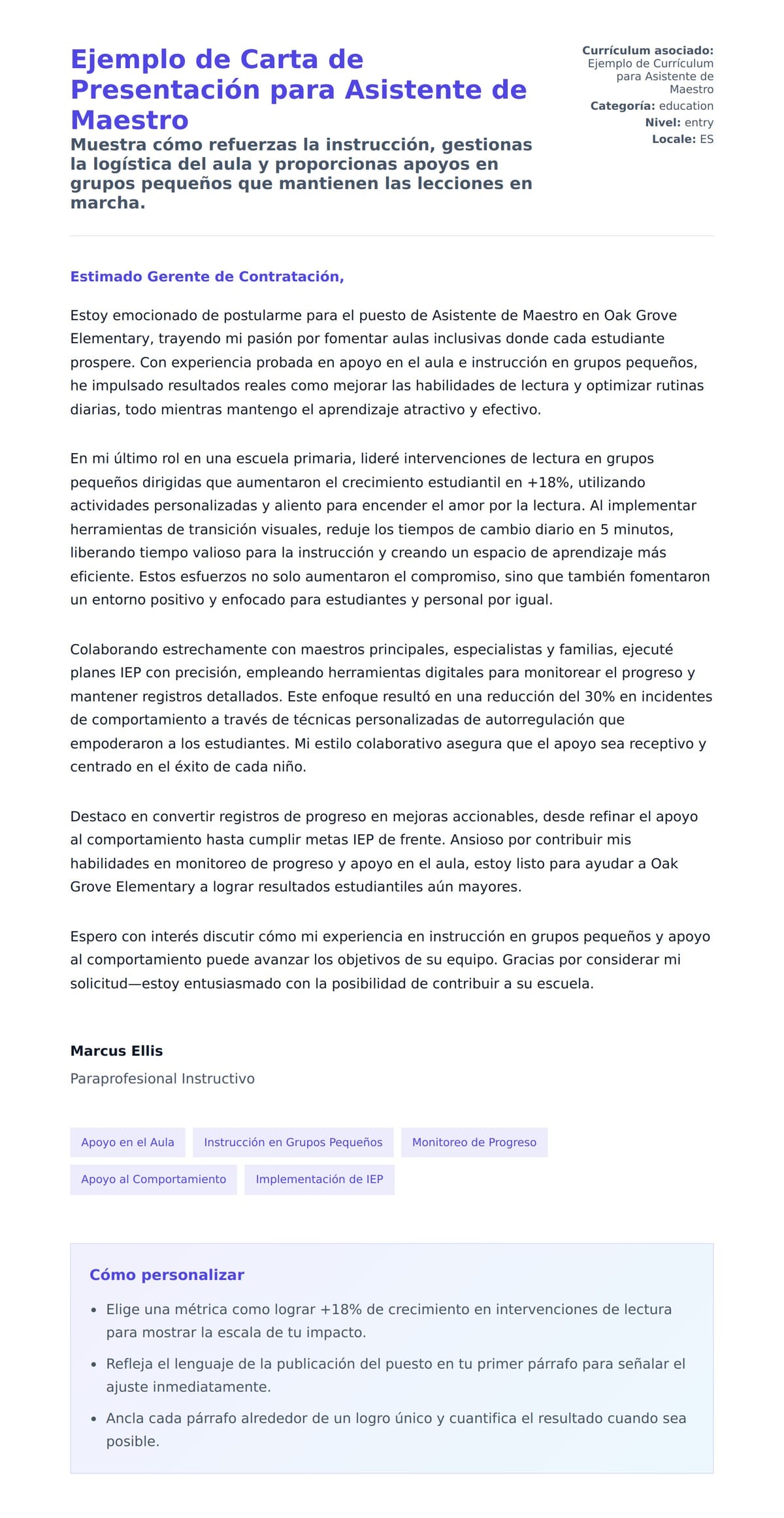 Vista previa de la carta para Ejemplo de Carta de Presentación para Asistente de Maestro