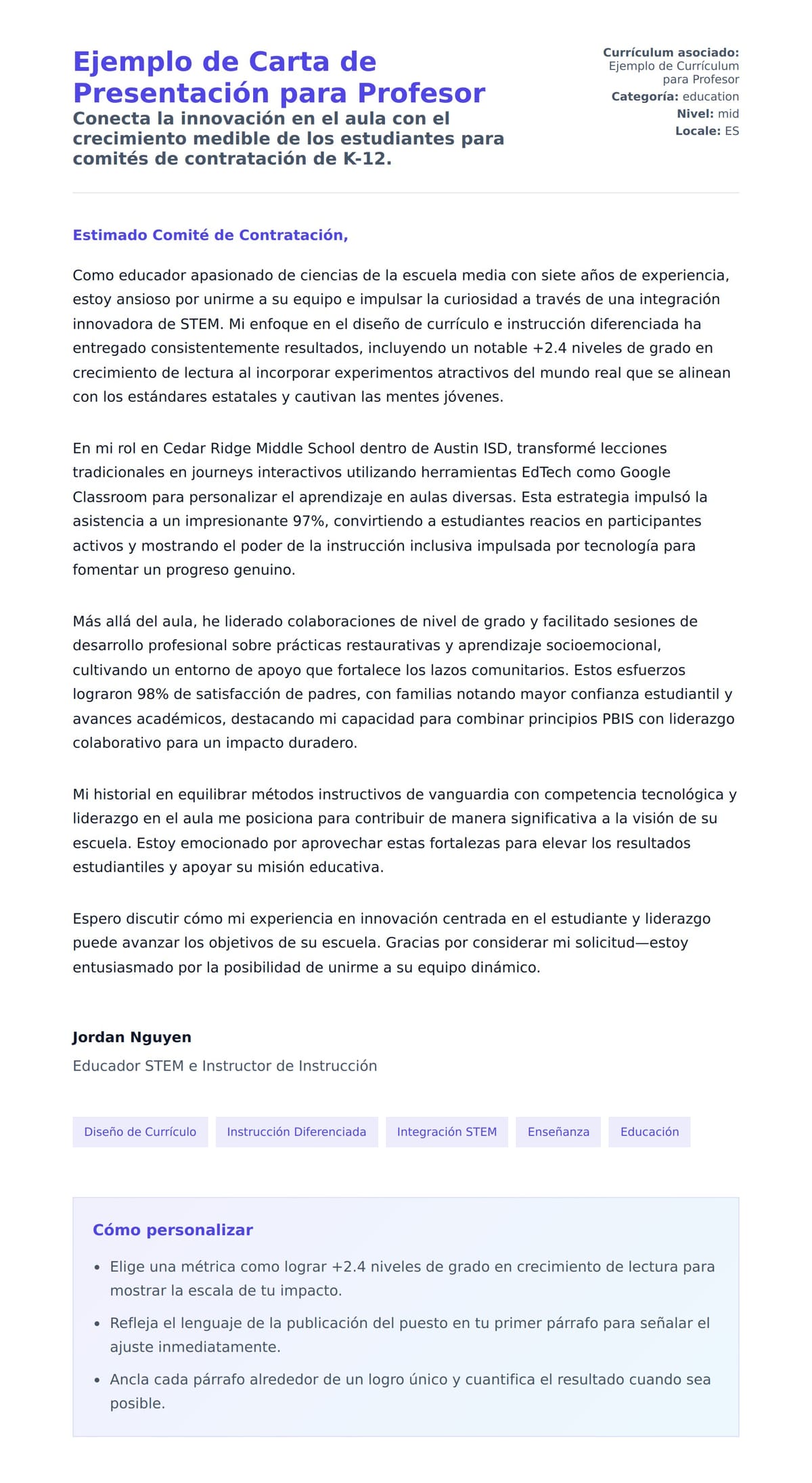 Vista previa de la carta para Ejemplo de Carta de Presentación para Profesor