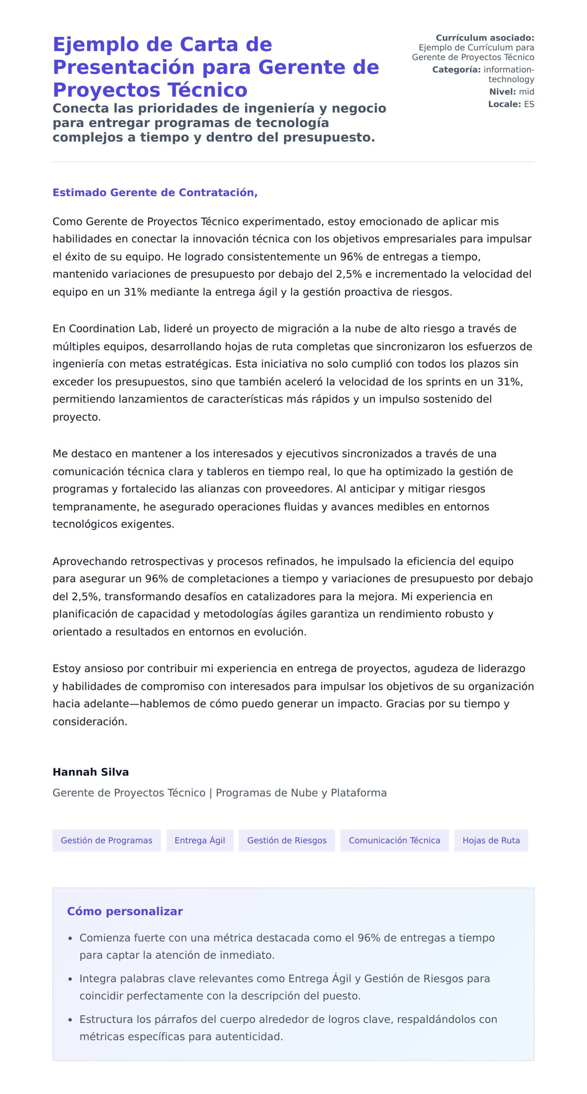 Vista previa de la carta para Ejemplo de Carta de Presentación para Gerente de Proyectos Técnico