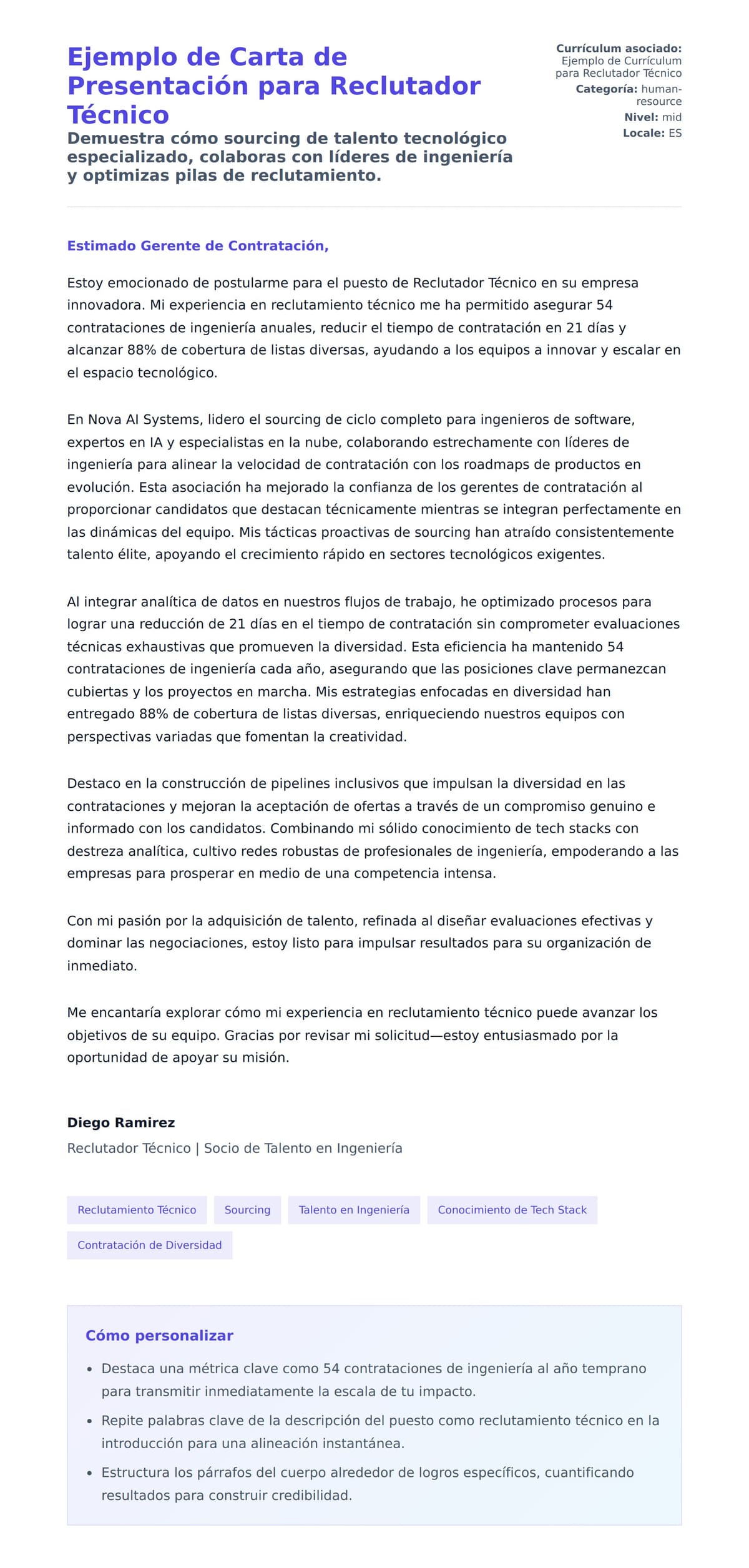 Vista previa de la carta para Ejemplo de Carta de Presentación para Reclutador Técnico
