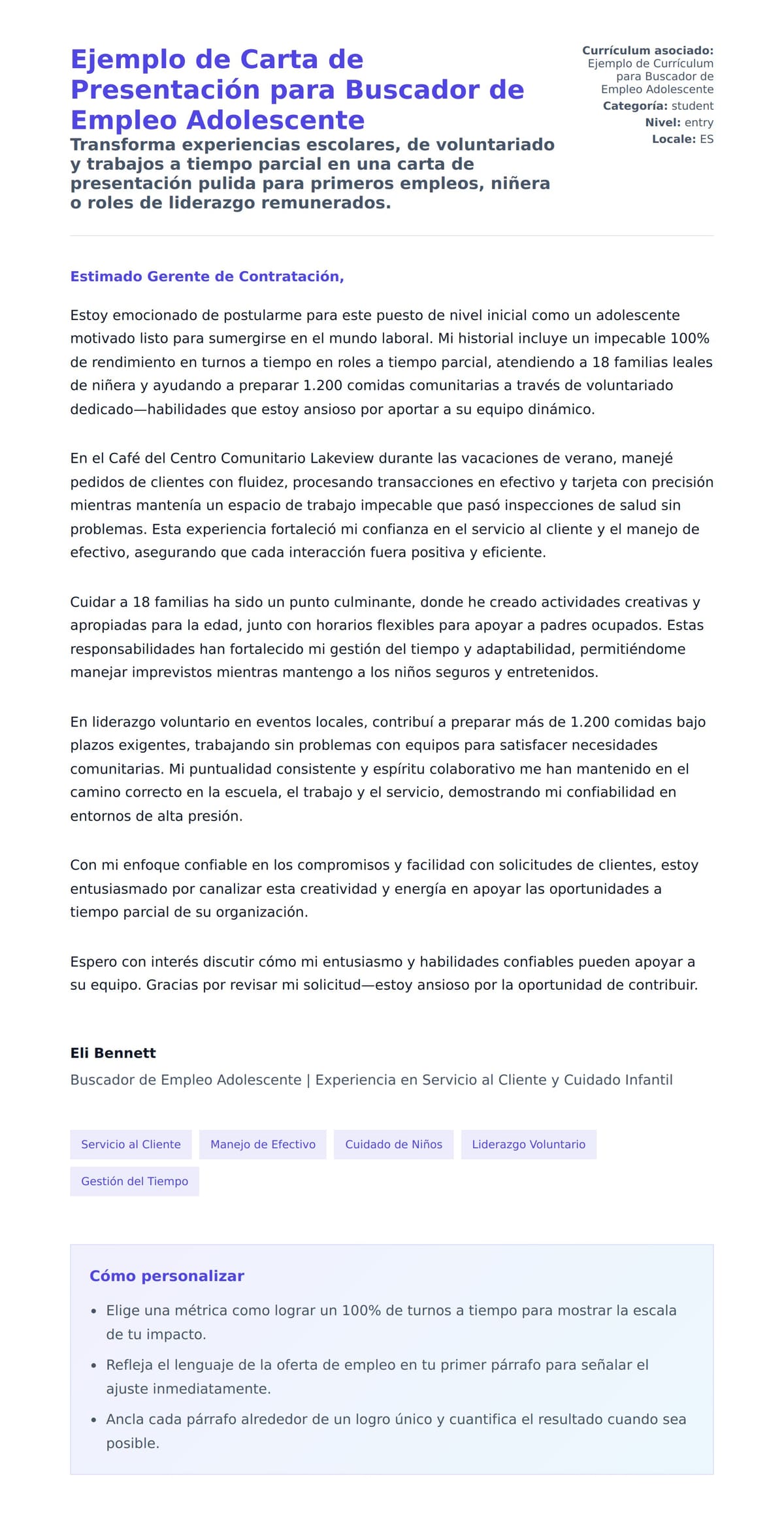 Vista previa de la carta para Ejemplo de Carta de Presentación para Buscador de Empleo Adolescente