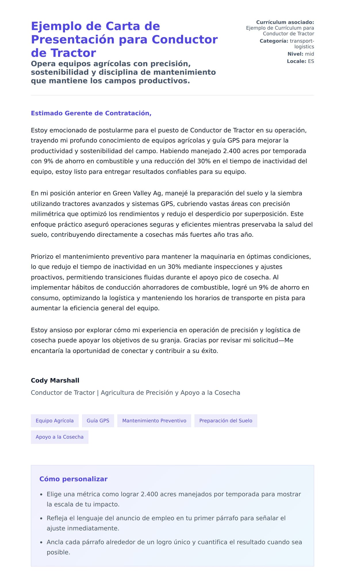 Vista previa de la carta para Ejemplo de Carta de Presentación para Conductor de Tractor