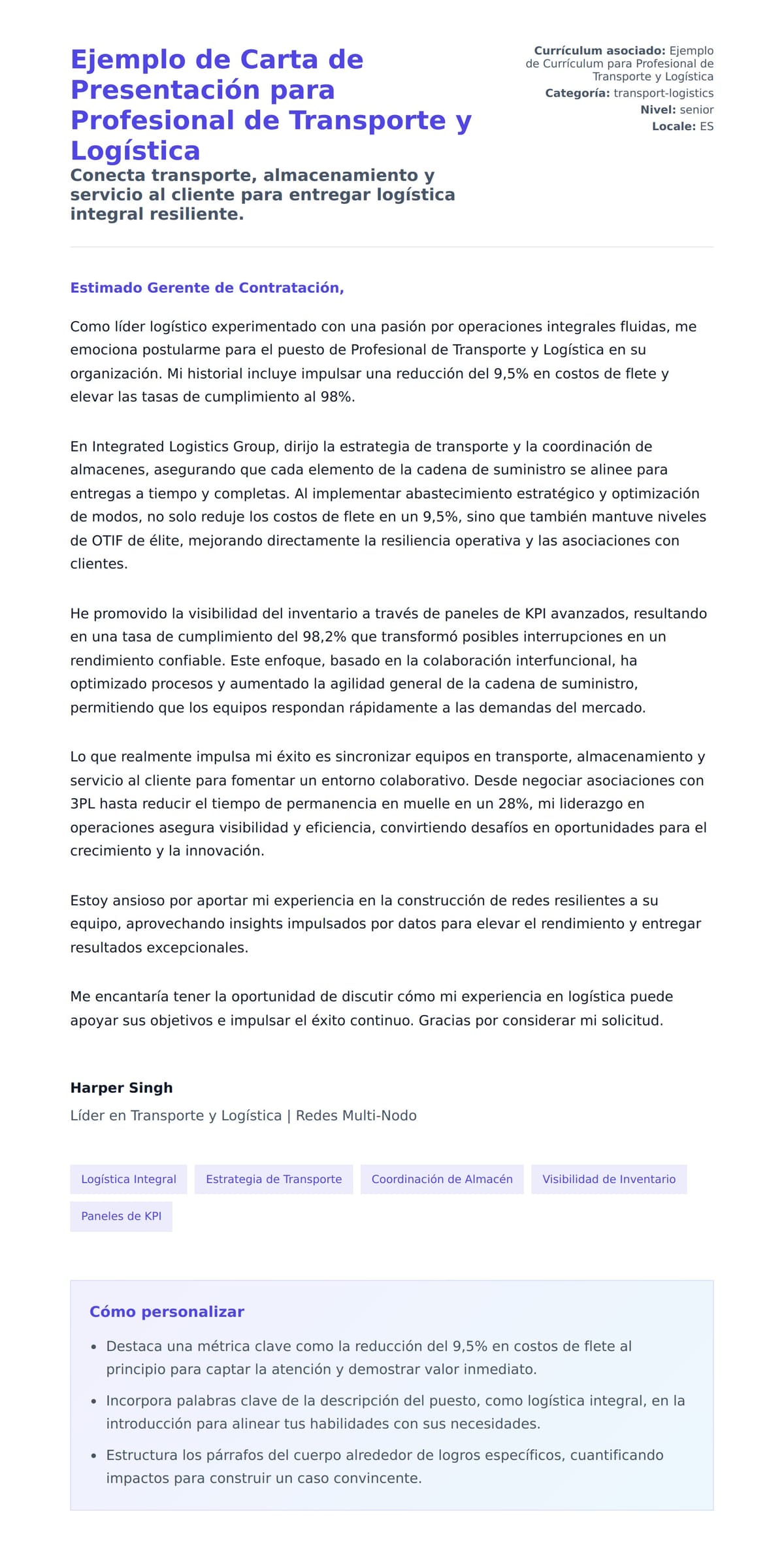 Vista previa de la carta para Ejemplo de Carta de Presentación para Profesional de Transporte y Logística