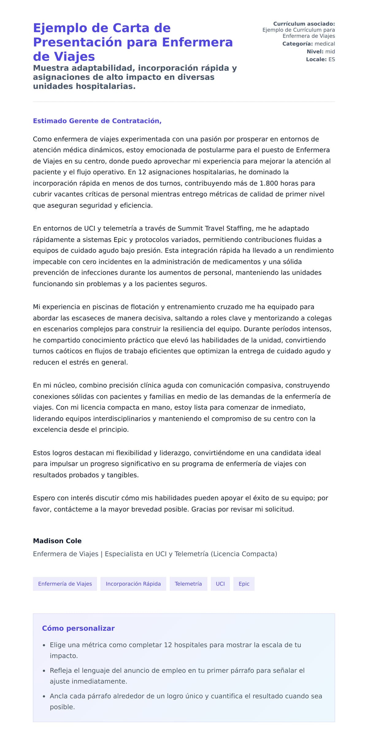 Vista previa de la carta para Ejemplo de Carta de Presentación para Enfermera de Viajes