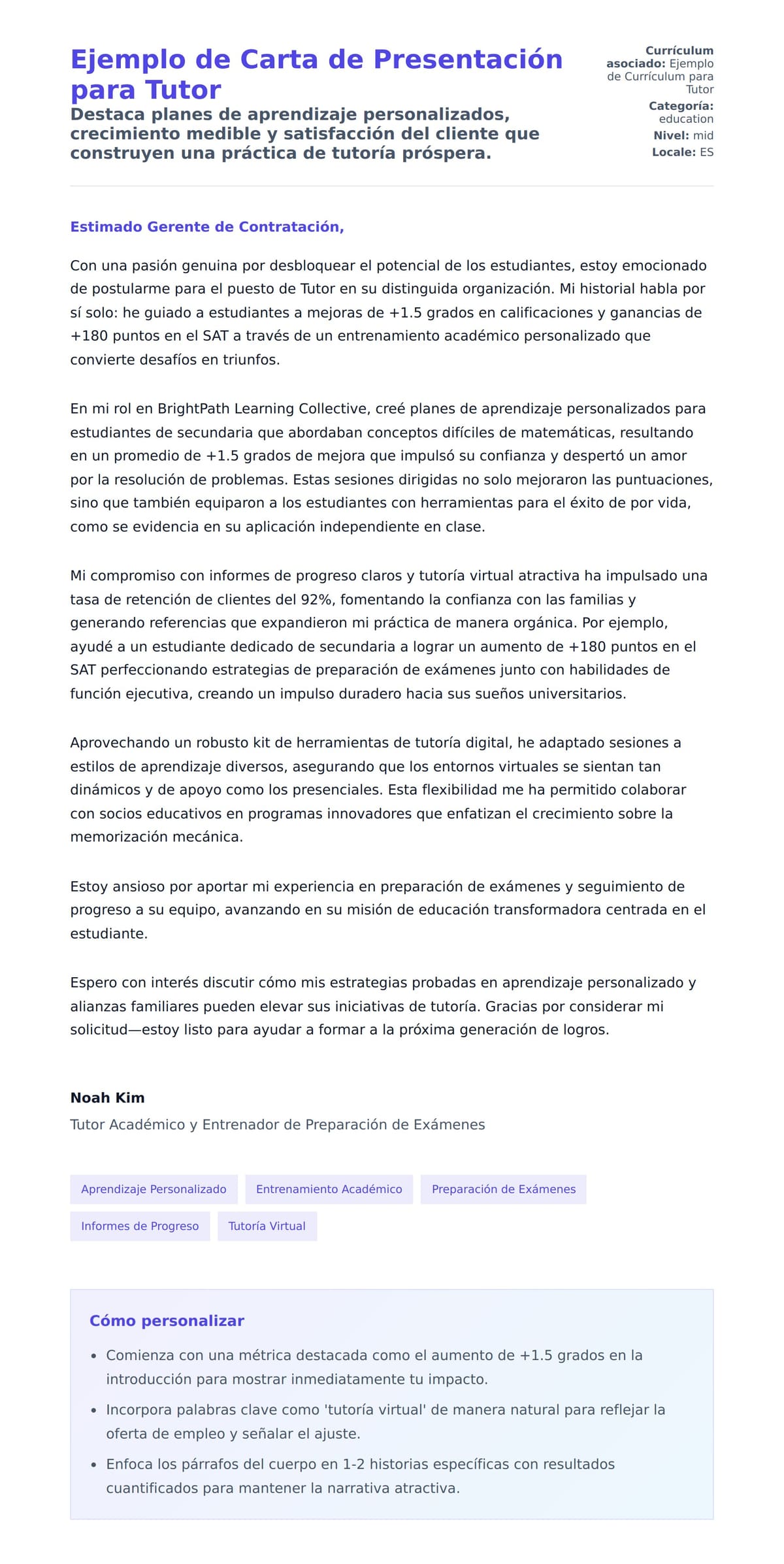 Vista previa de la carta para Ejemplo de Carta de Presentación para Tutor