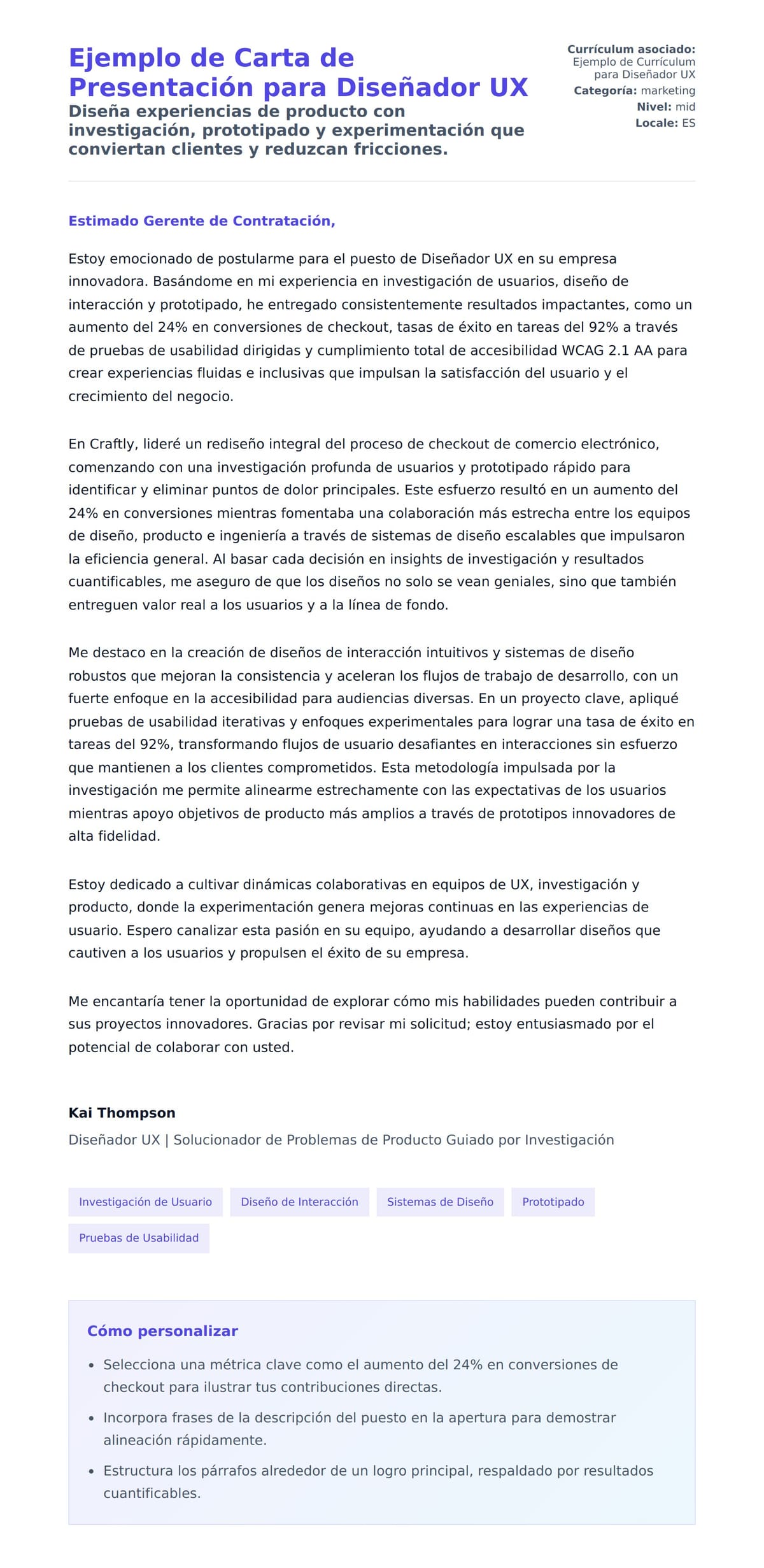 Vista previa de la carta para Ejemplo de Carta de Presentación para Diseñador UX