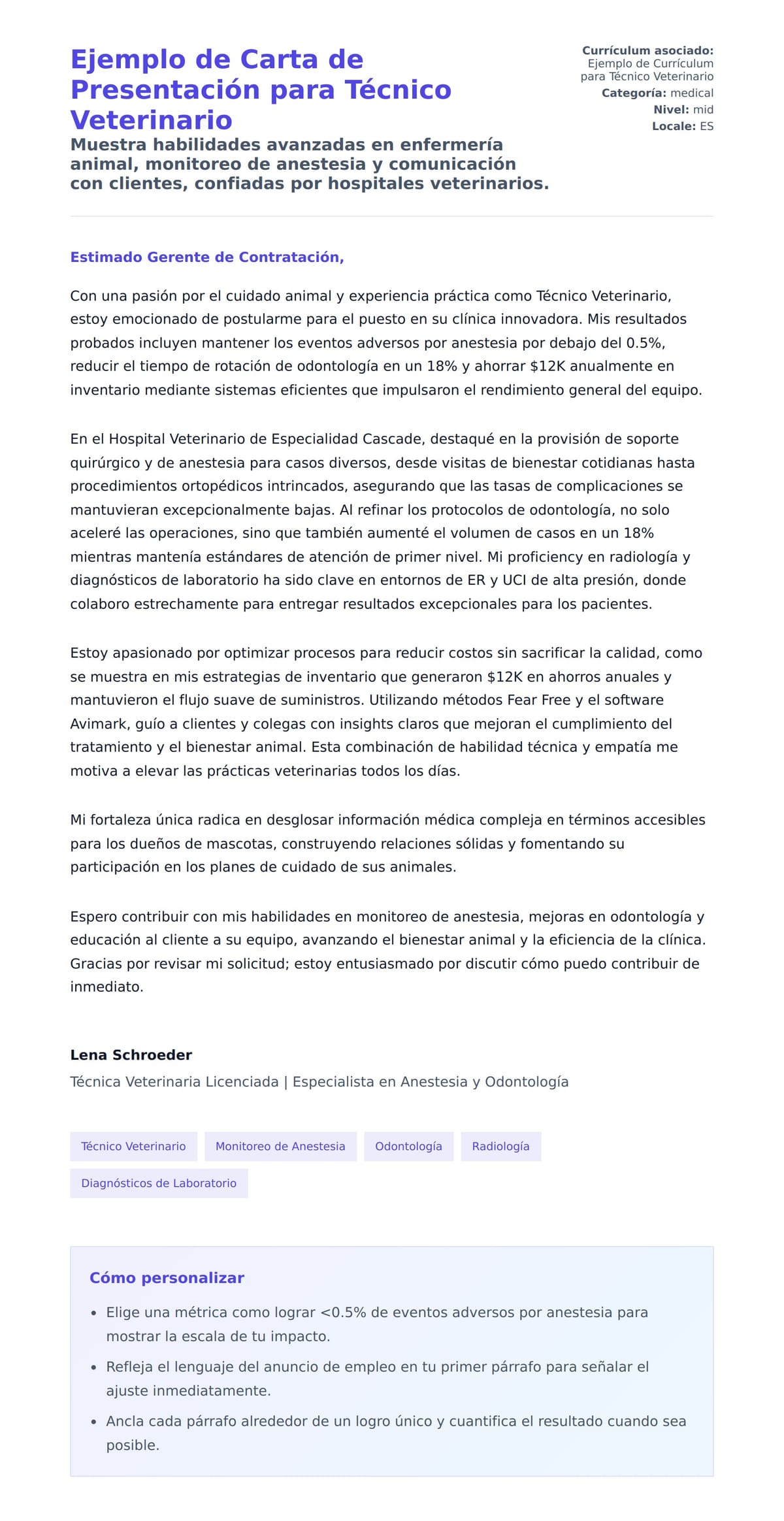Vista previa de la carta para Ejemplo de Carta de Presentación para Técnico Veterinario