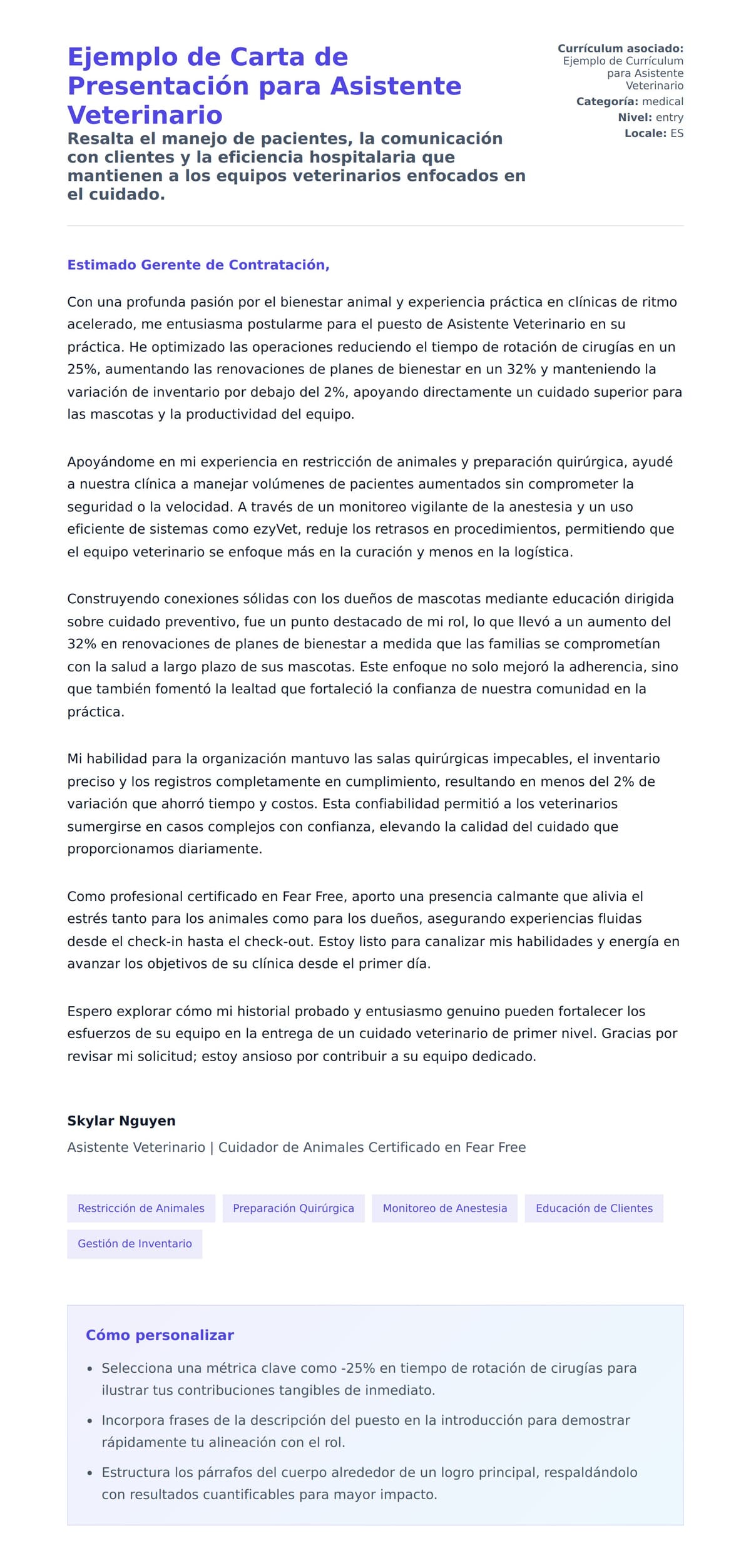 Vista previa de la carta para Ejemplo de Carta de Presentación para Asistente Veterinario